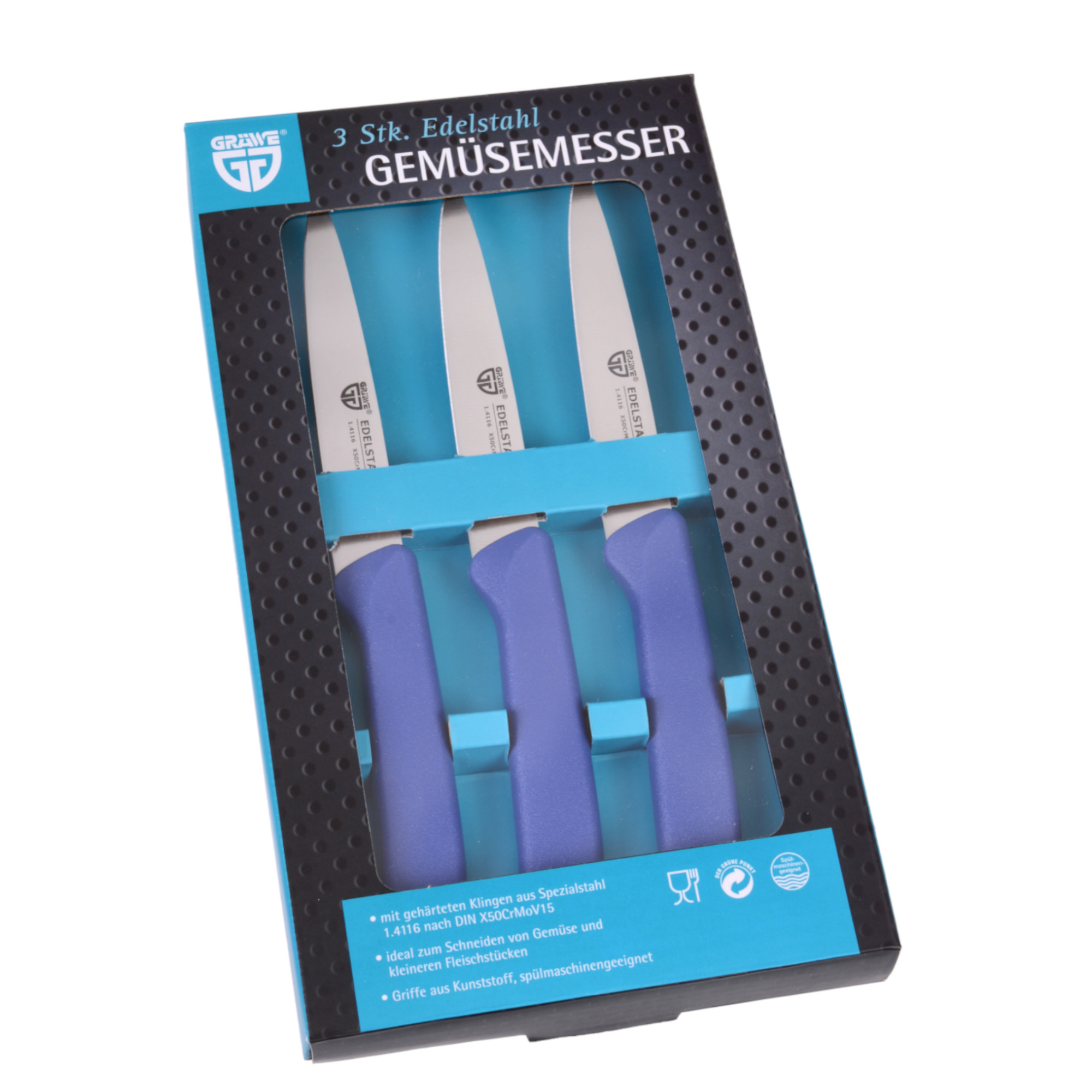 Gemüsemesser 3 Stück, Edelstahl blau