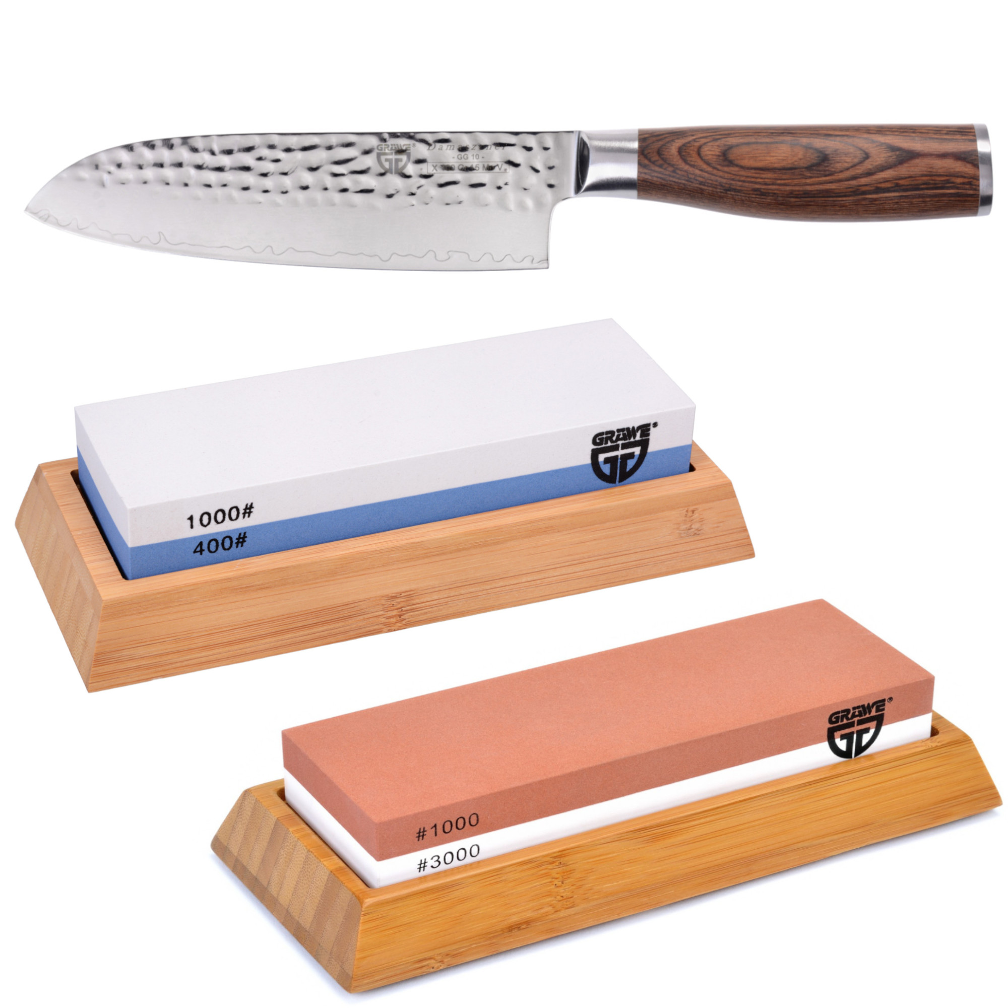 Damastmesser-Set mit Wetzsteinen Körnung 400/1000 und 1000/3000
