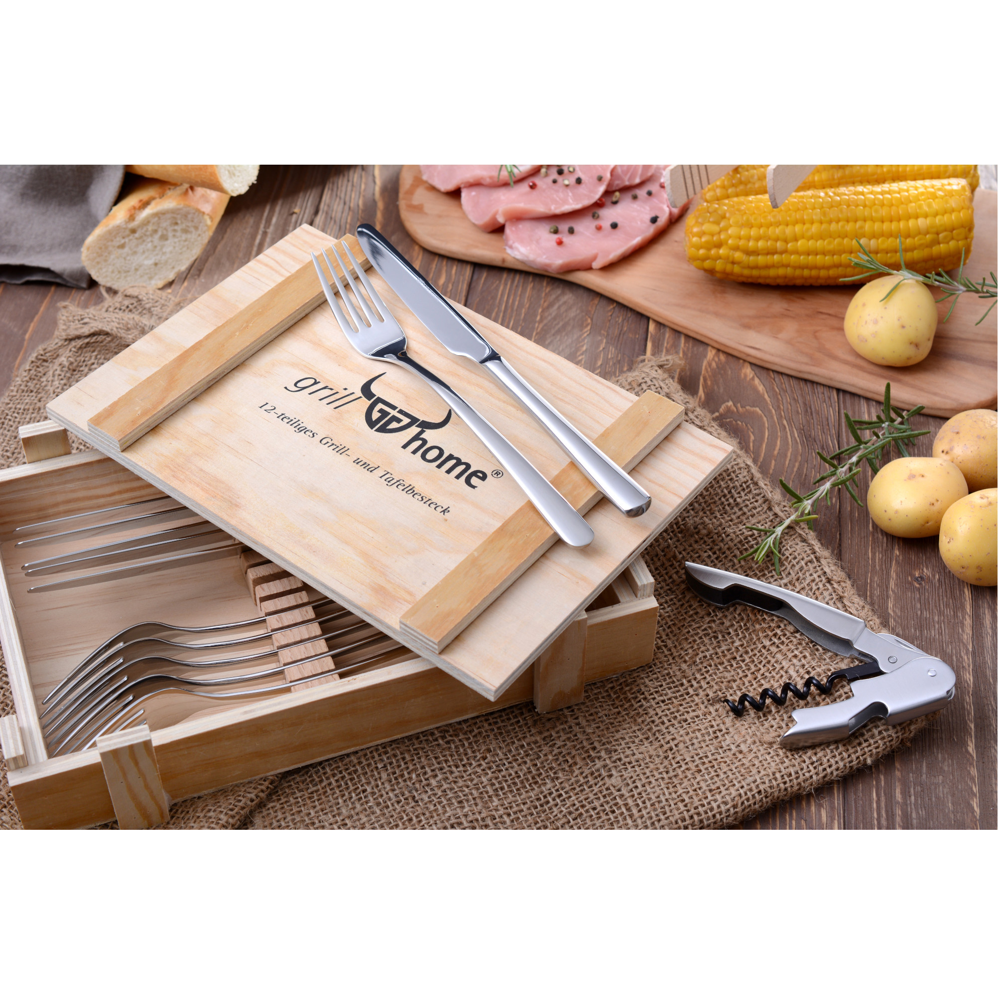 Grill-/Tafelbesteck SYLT in Holzkiste, mit Flaschenöffner