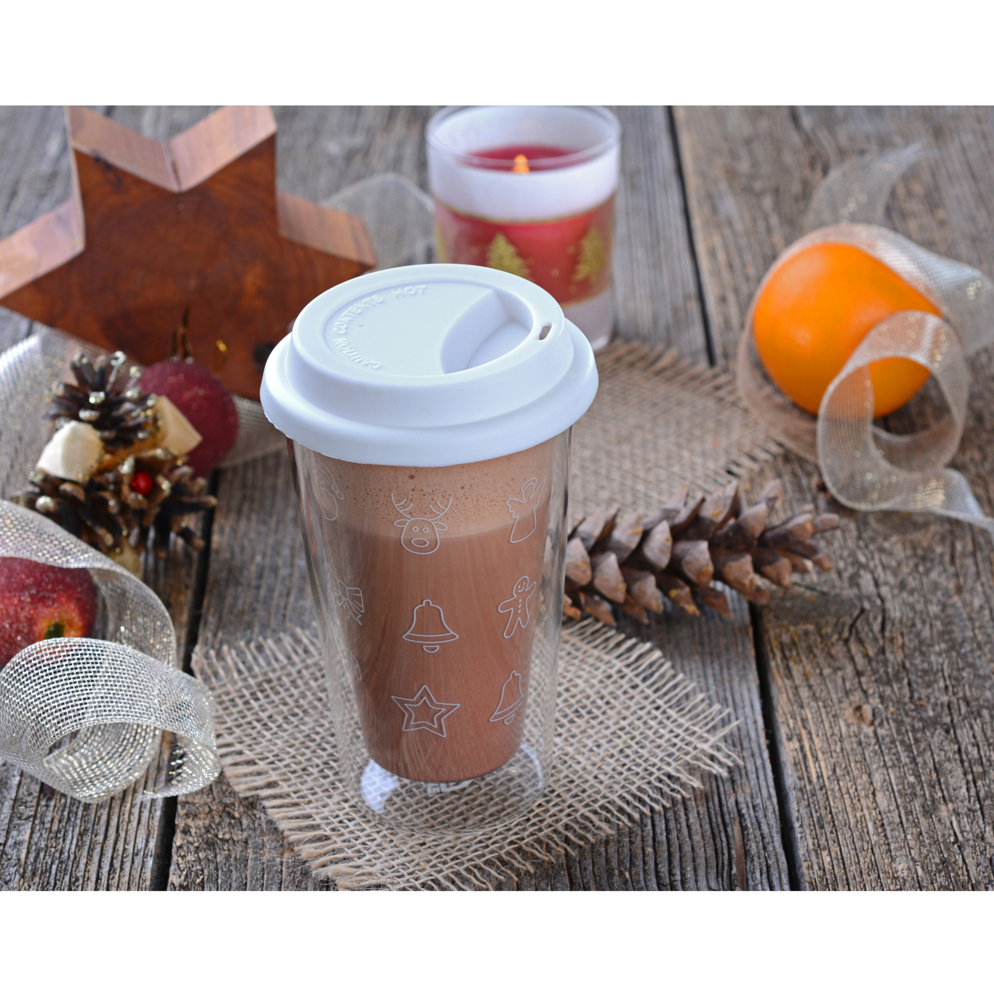 Doppelglas-Becher, 300 ml, 'Weihnachten', mit weißem Deckel