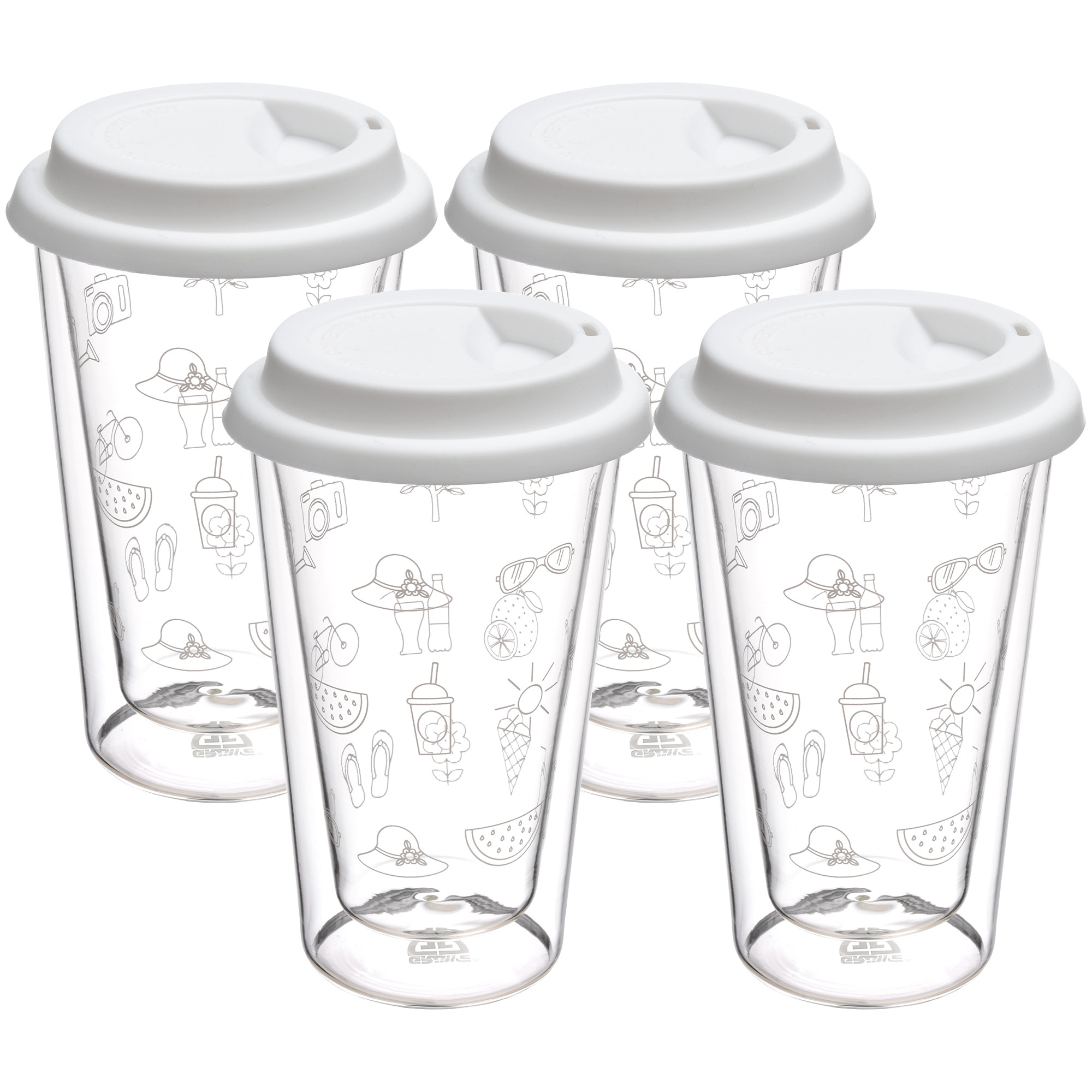 4er Set Doppelglas-Becher, 300 ml, 'Sommer', mit weißem Deckel