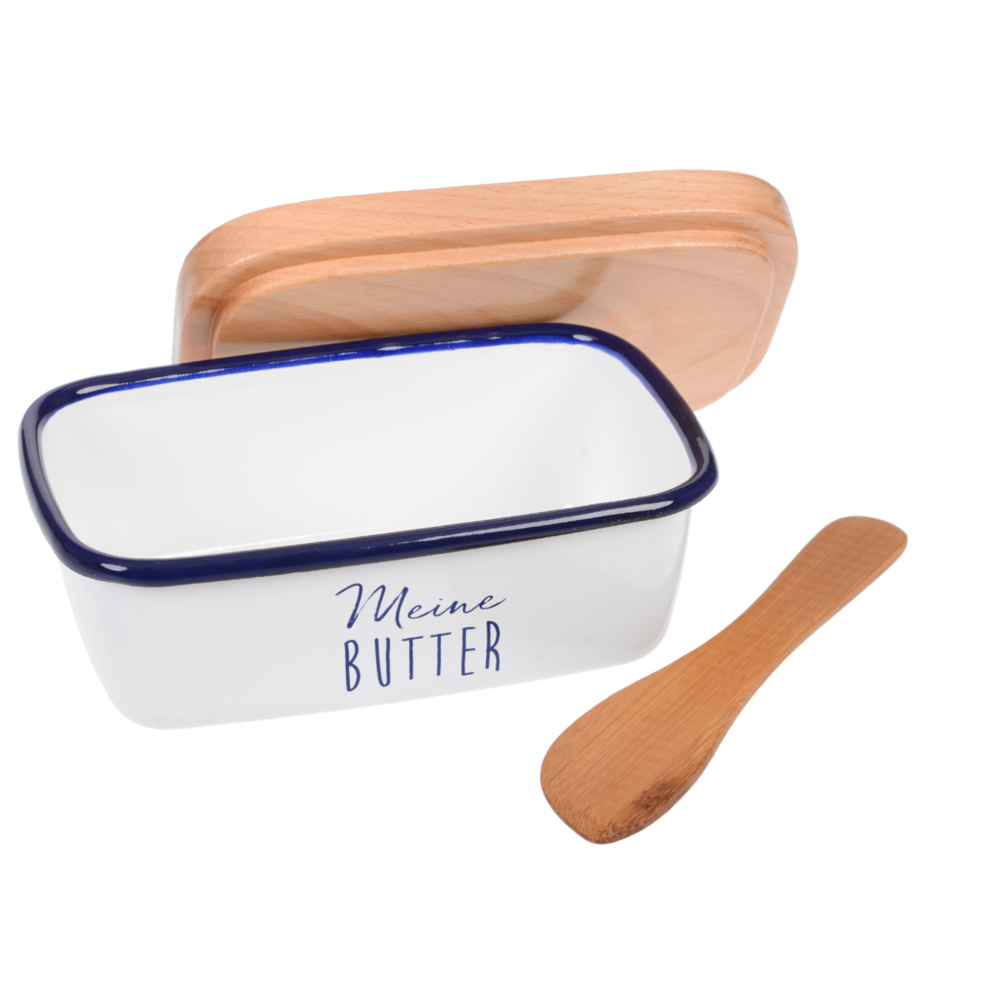 Butterdose emailliert, mit Holzdeckel