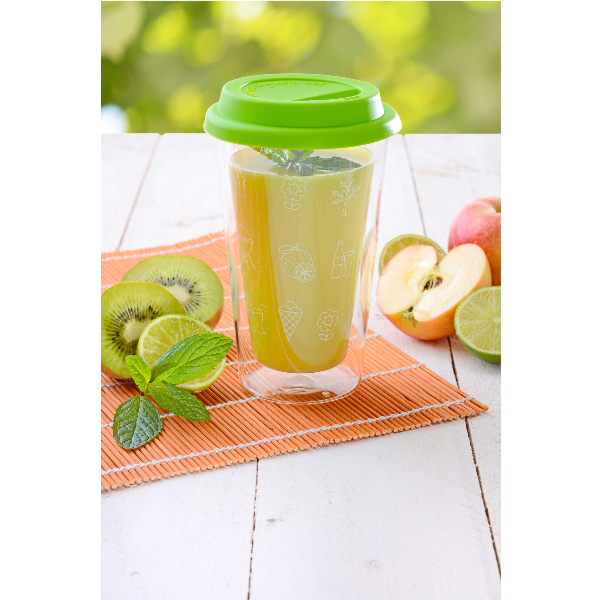 Doppelglas-Becher, 300 ml, 'Sommer', mit grünem Deckel