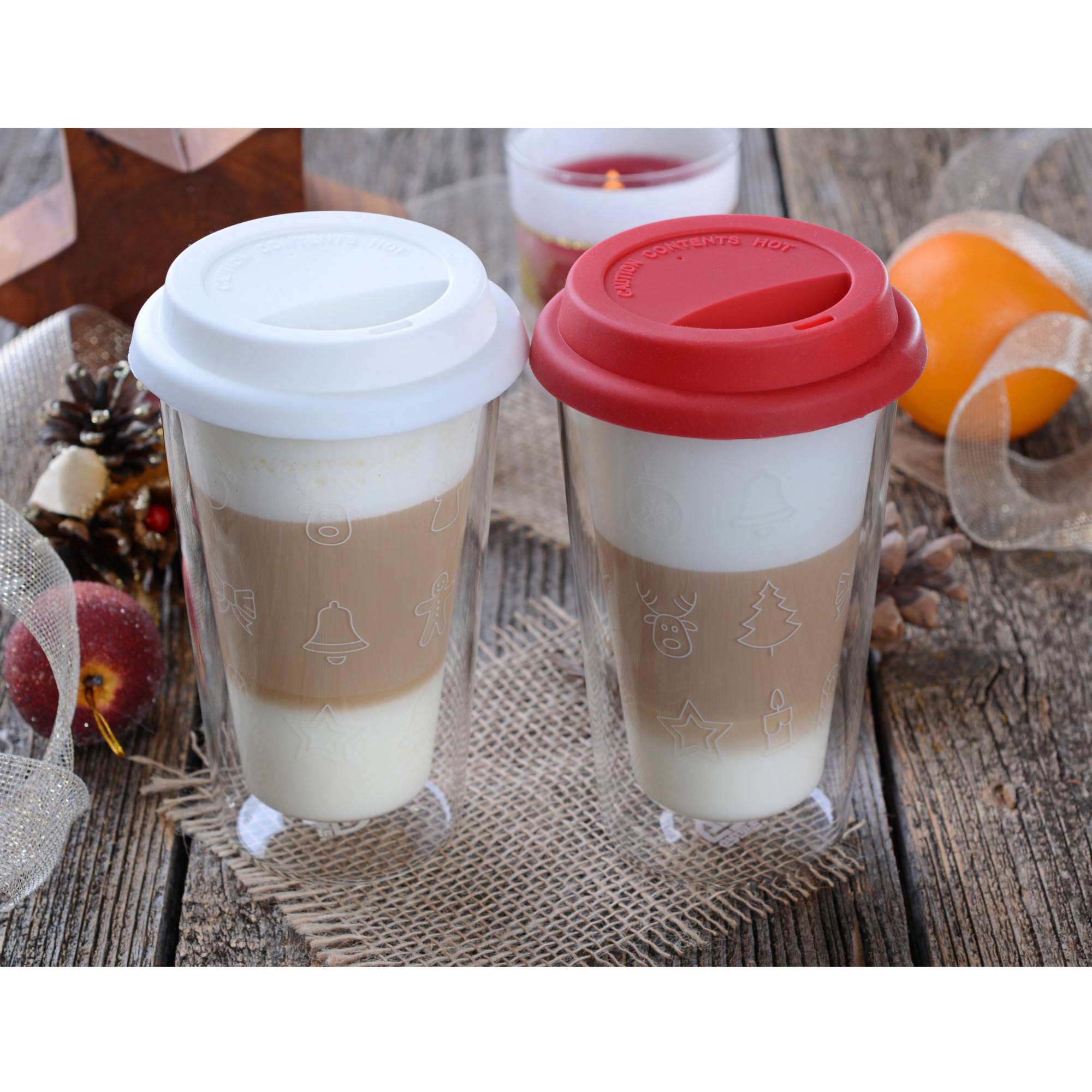 Doppelglas-Becher, 300 ml, 'Weihnachten', mit rotem Deckel