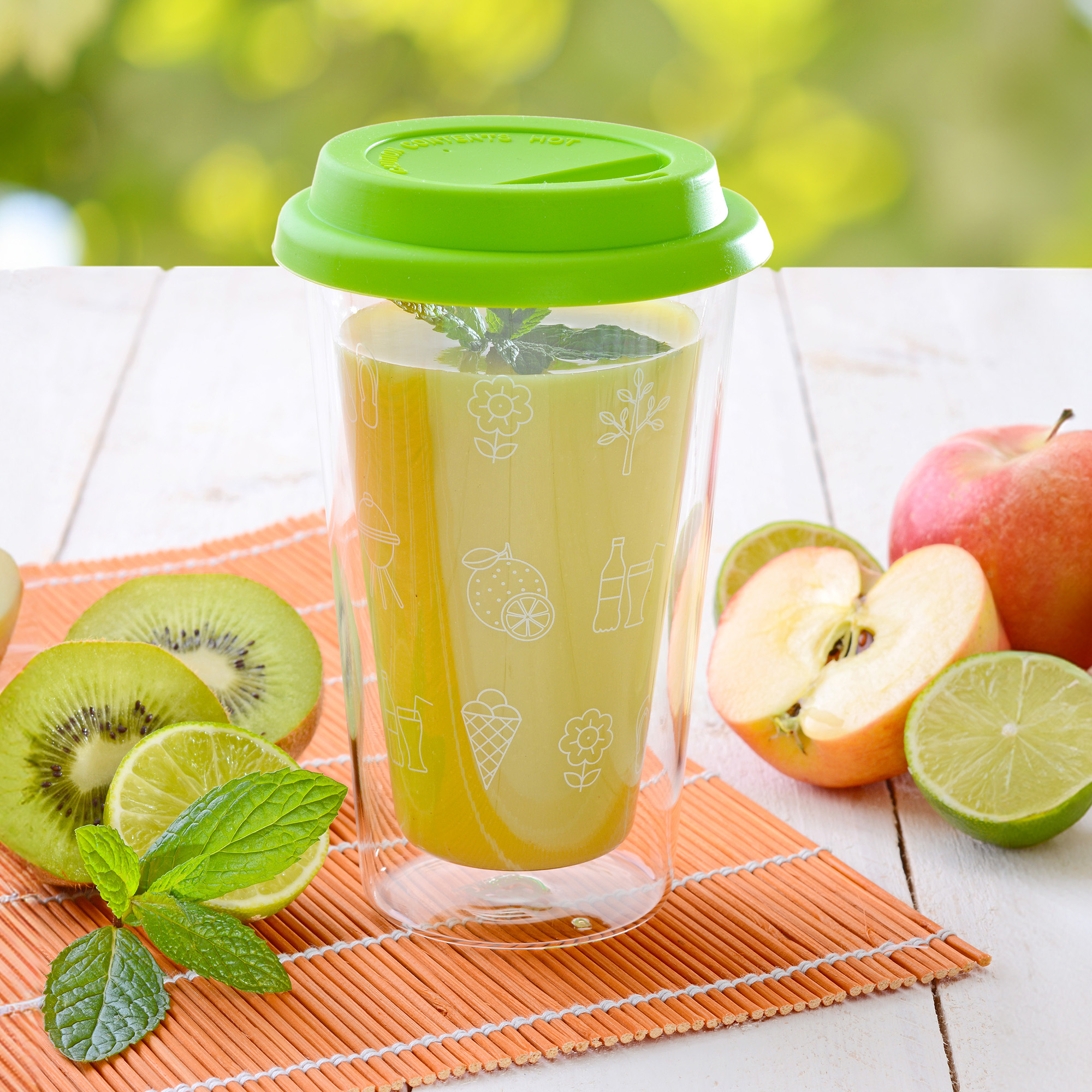 4er Set Doppelglas Becher, 300 ml, 'Sommer' mit grünen Deckel