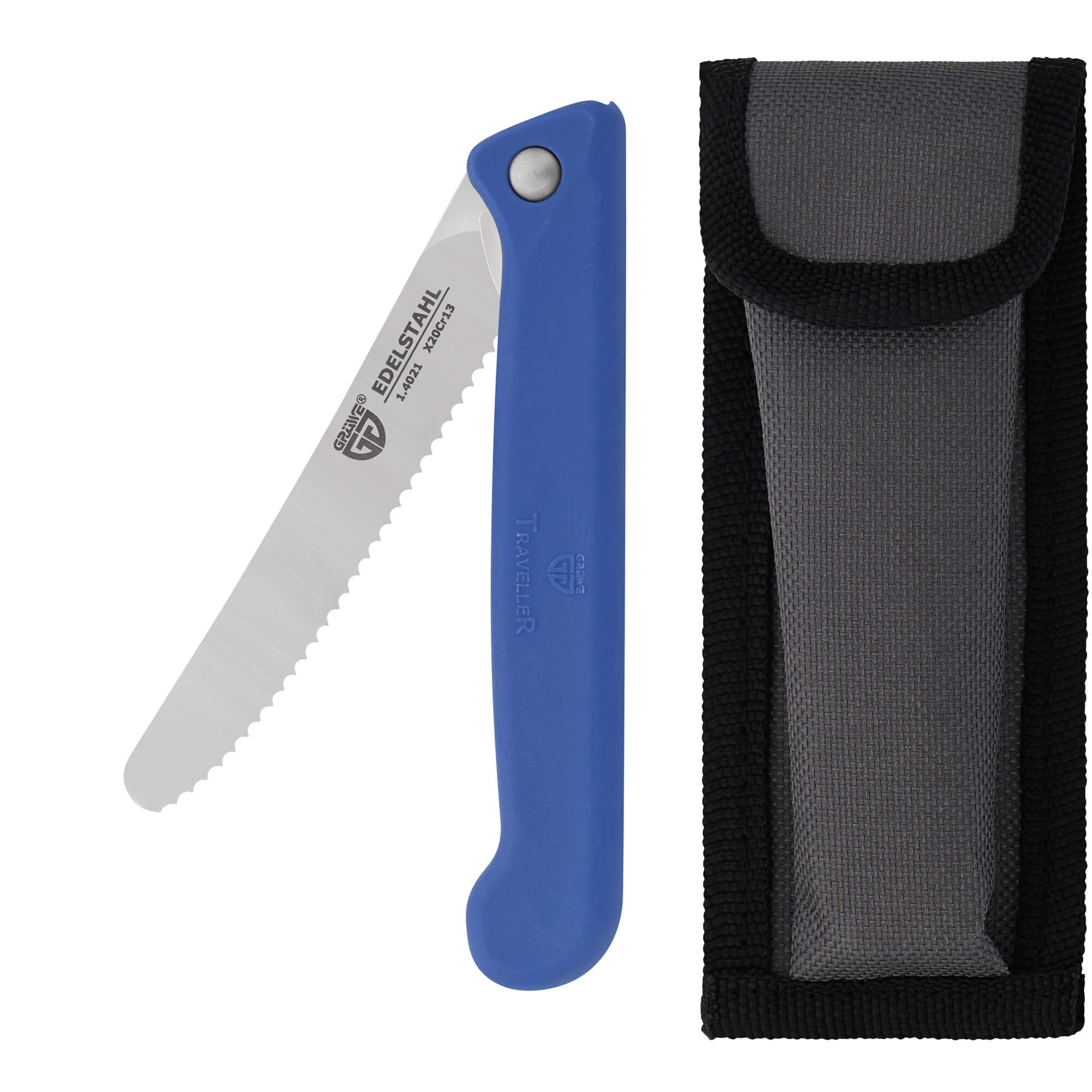 Klappbares Frühstücksmesser, mit Etui, Wellenschliff, Blau