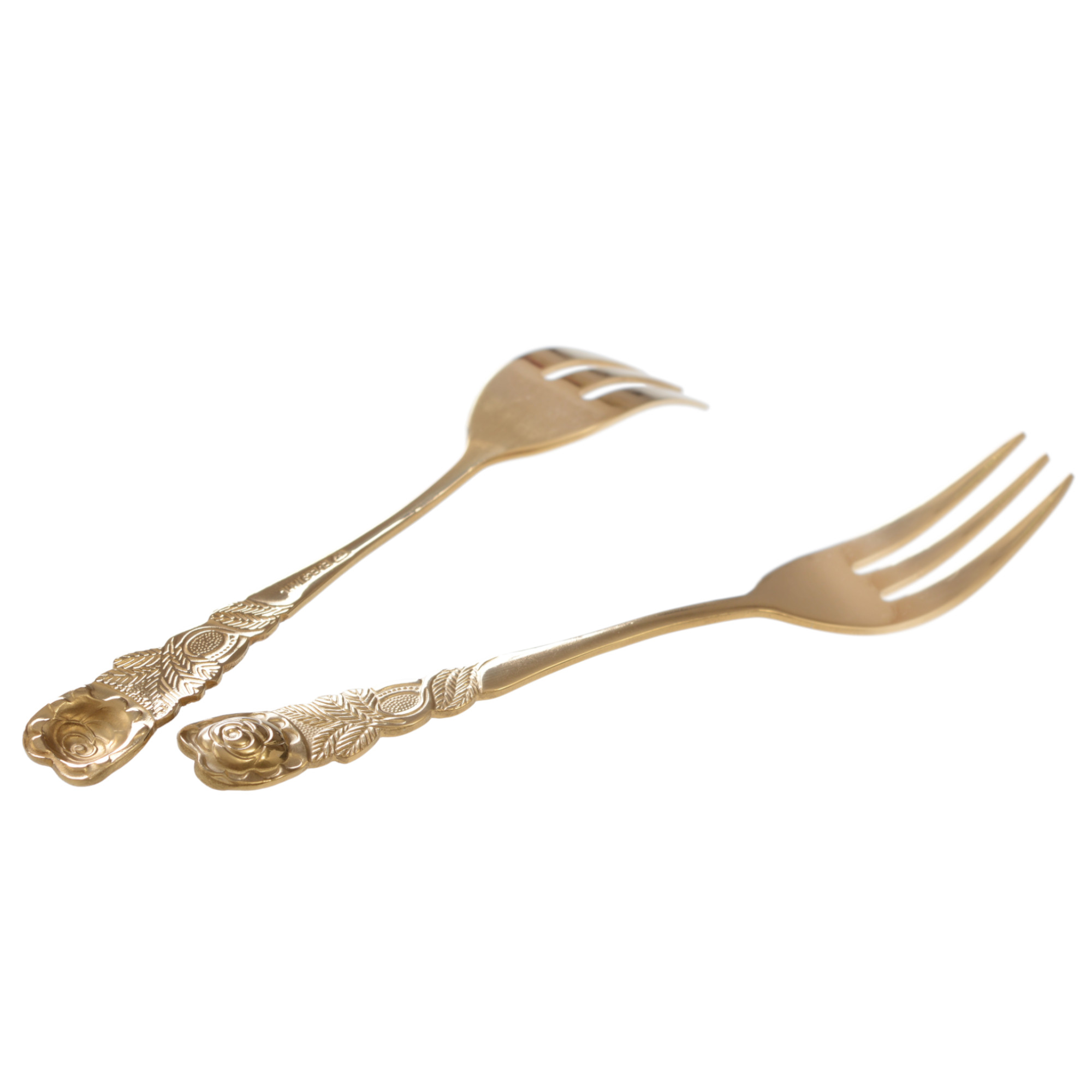Kuchengabel 6 Stück Edelstahl, Serie Rosendekor, goldfarben