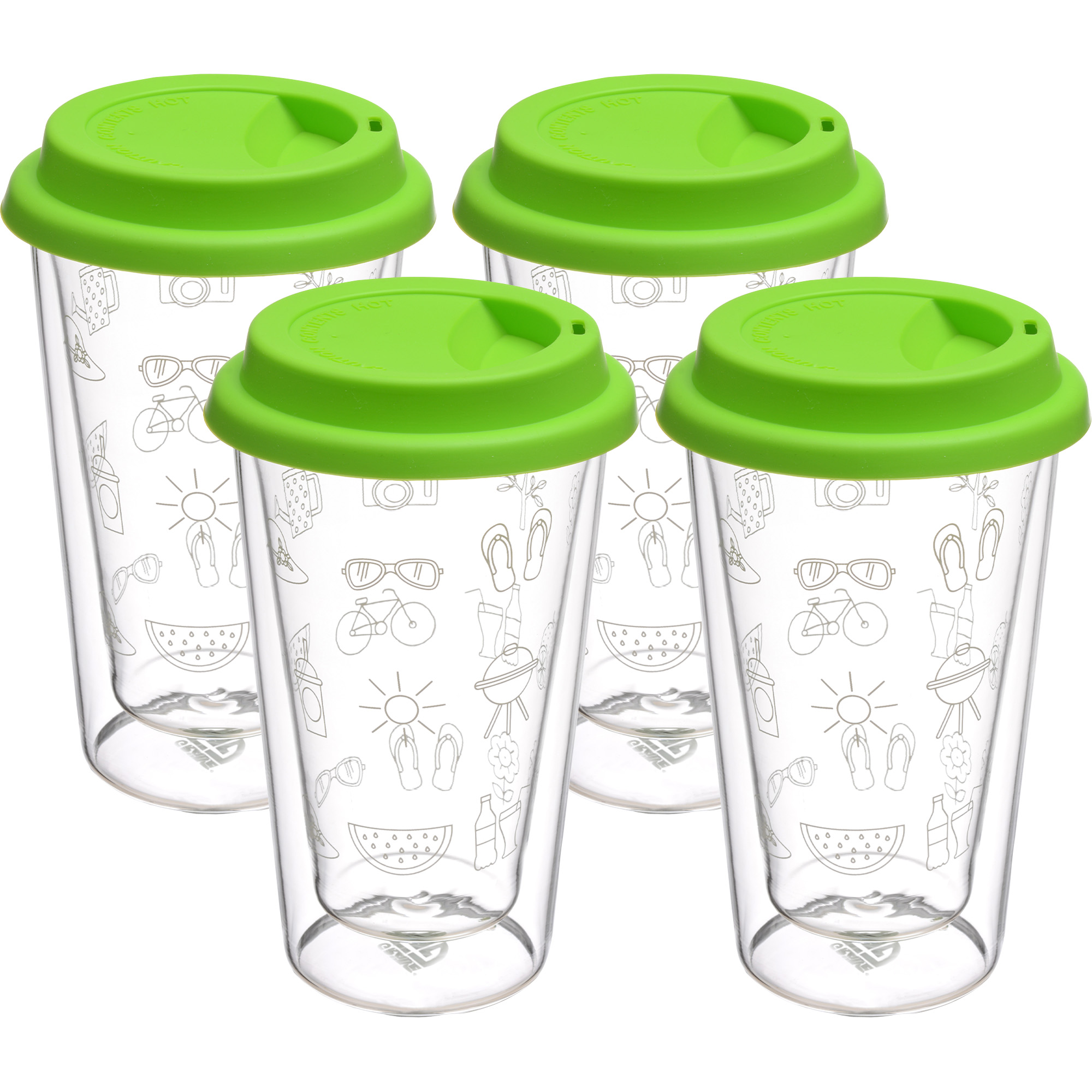 4er Set Doppelglas Becher, 300 ml, 'Sommer' mit grünen Deckel