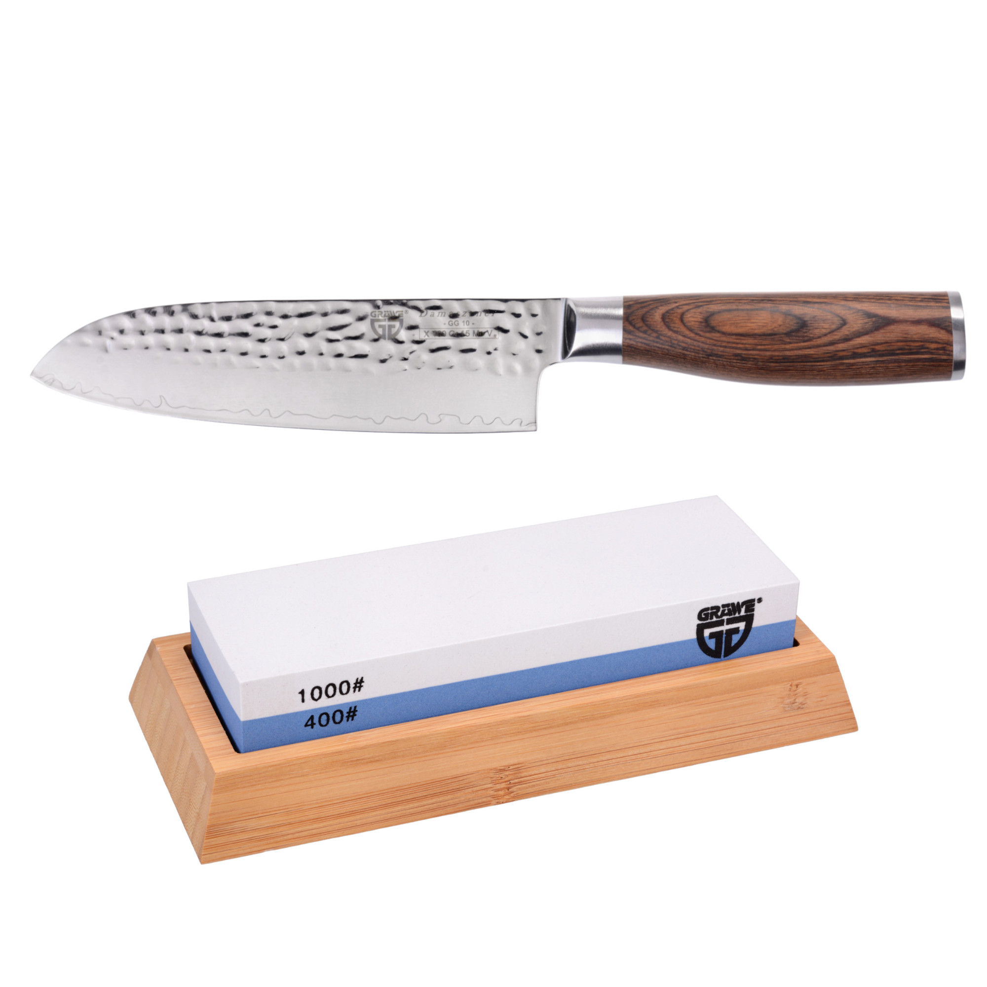 Damastmesser-Set mit Wetzstein 400/1000
