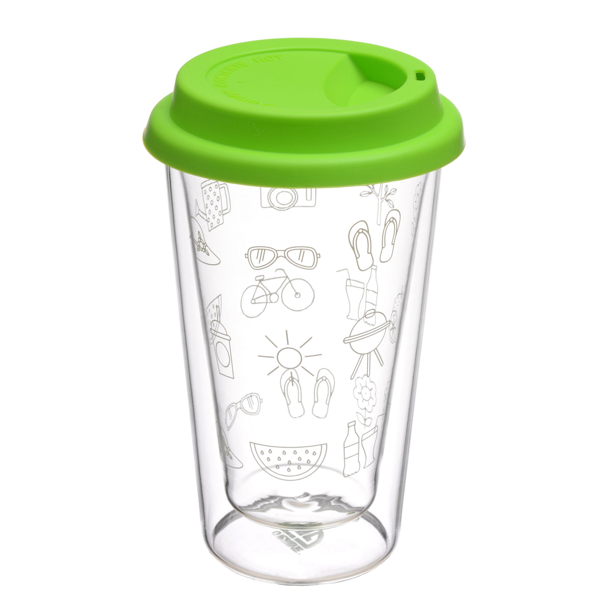 Doppelglas-Becher, 300 ml, 'Sommer', mit grünem Deckel
