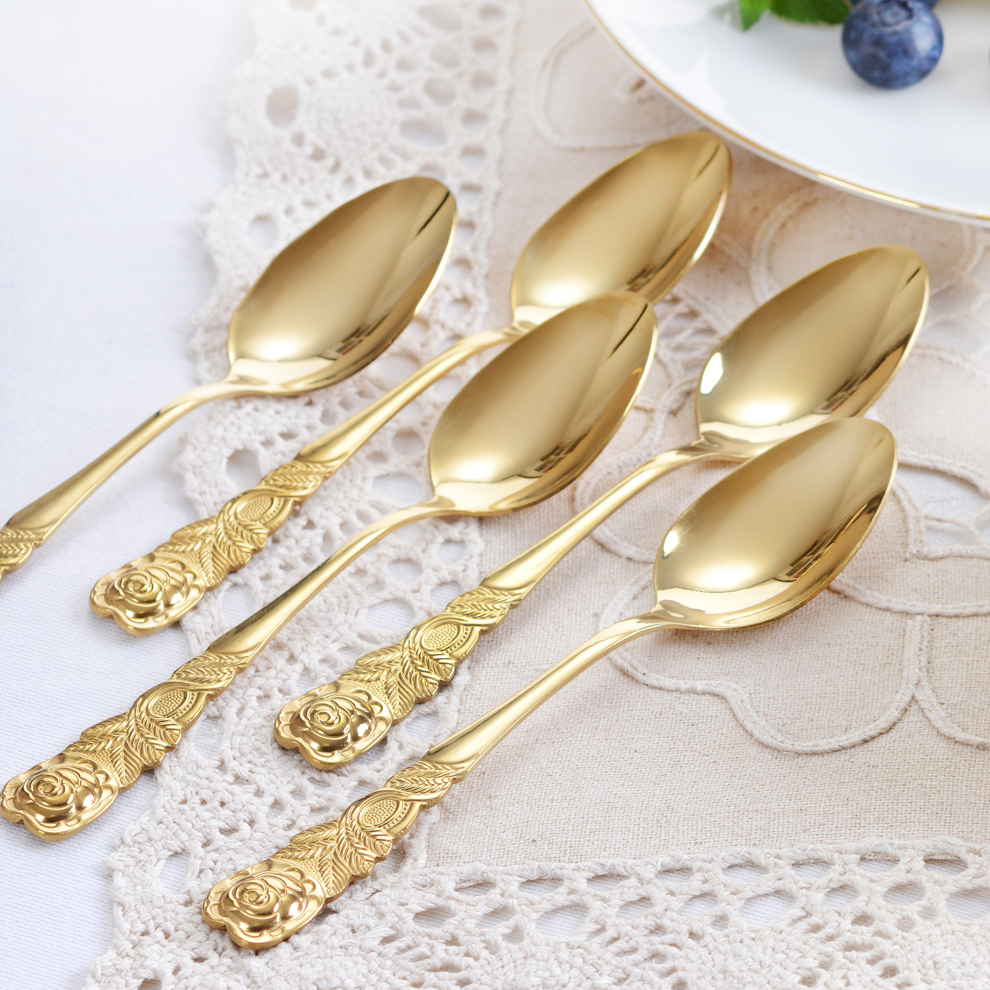 Kaffeelöffel 6 Stück Edelstahl, Serie Rosendekor, goldfarben