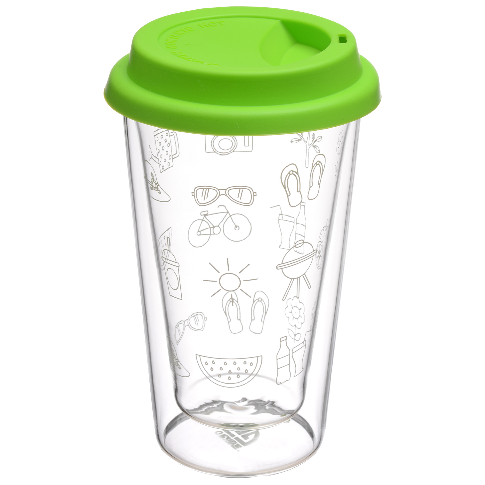 4er Set Doppelglas Becher, 300 ml, 'Sommer' mit grünen Deckel