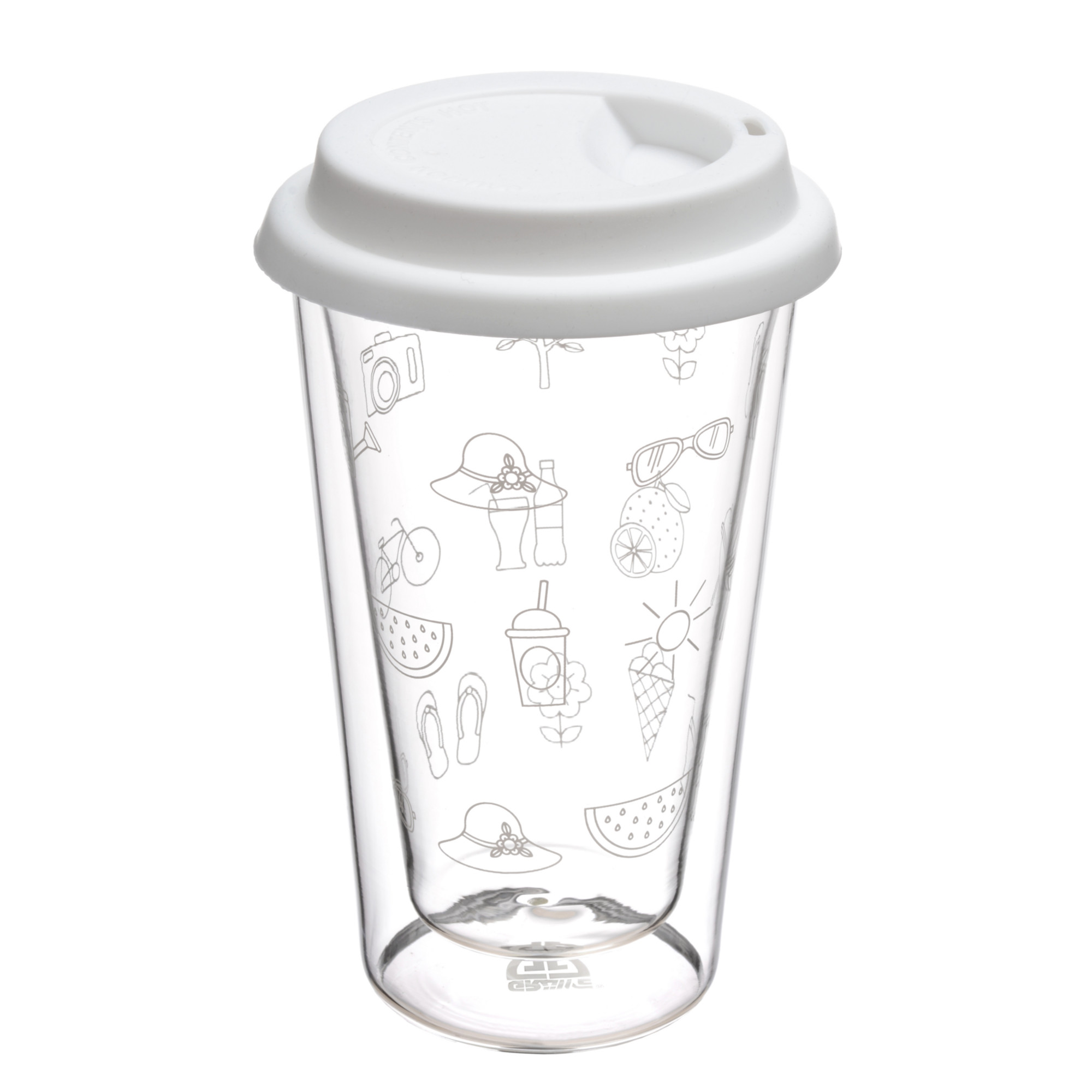 Doppelglas Becher, 300 ml, 'Sommer' mit weißem Deckel