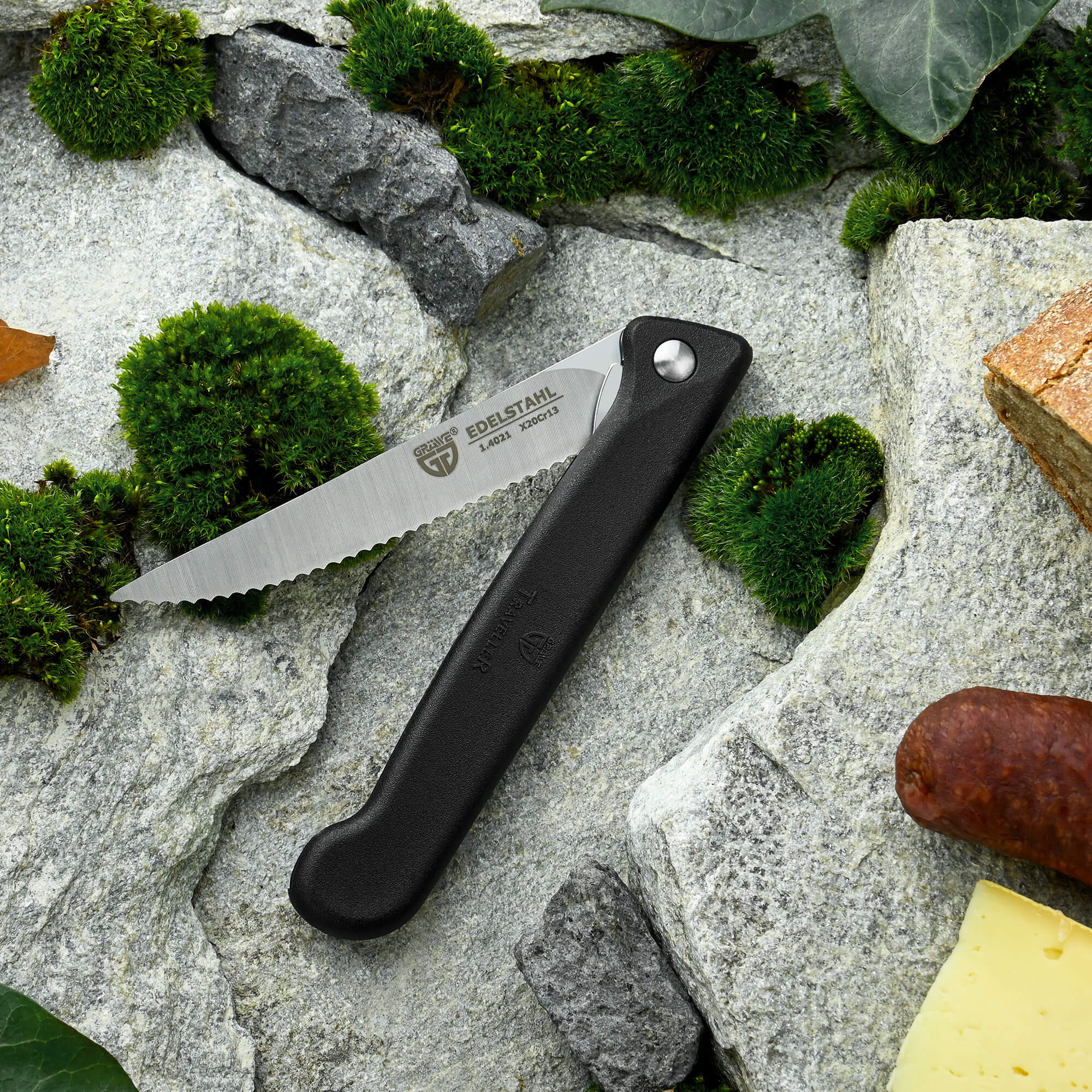 Klappmesser mit Steakklinge, schwarz, mit Etui