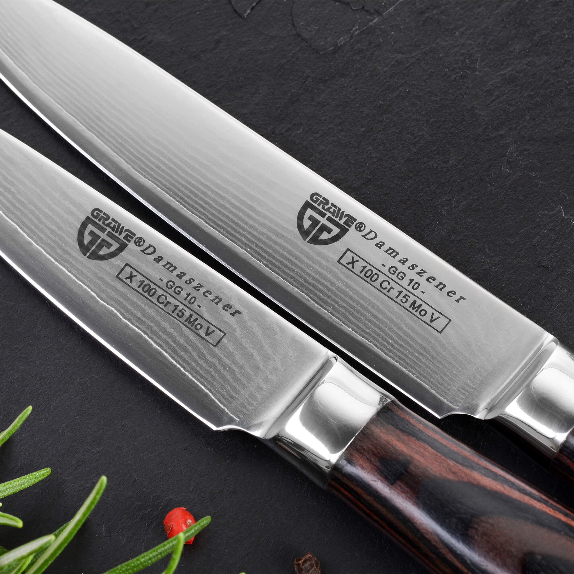 Damast-Messerset mit Wetzstein 3-teilig klein