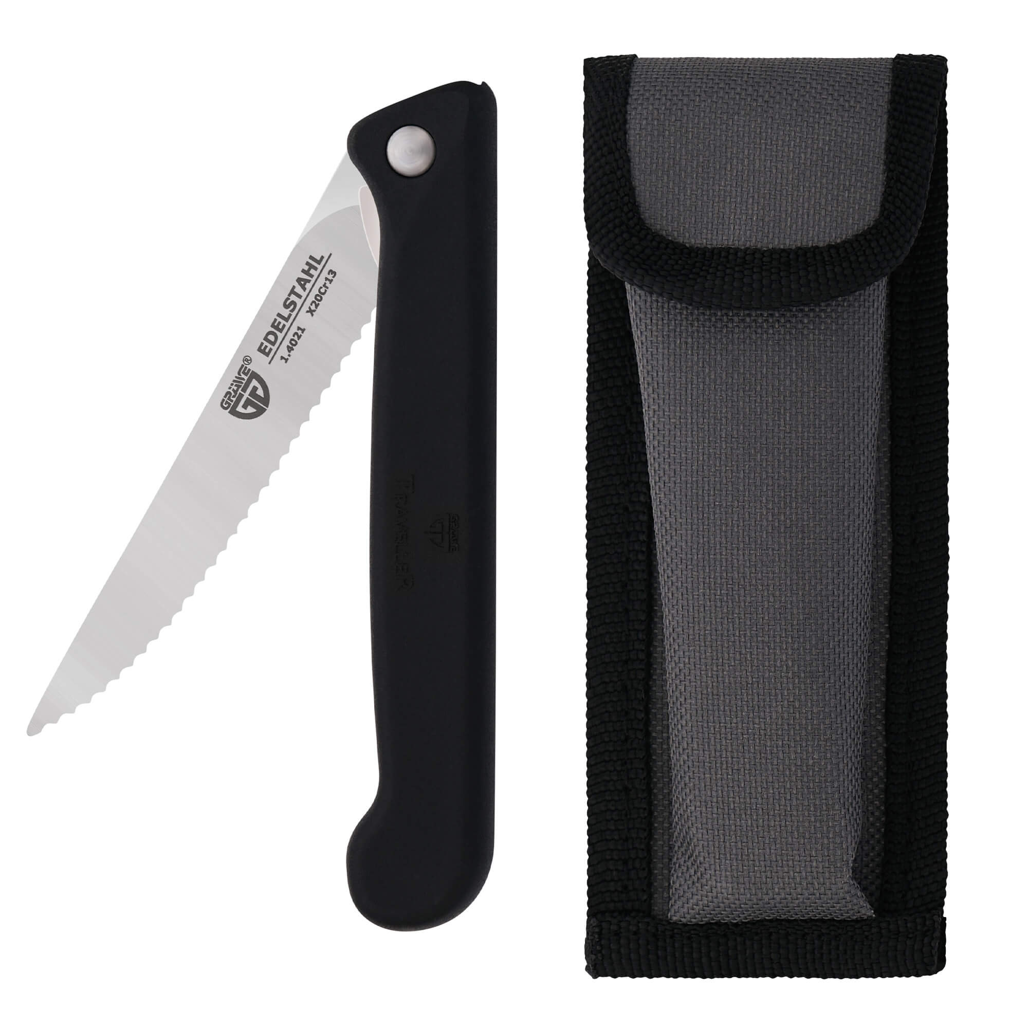 Klappmesser mit Steakklinge, schwarz, mit Etui