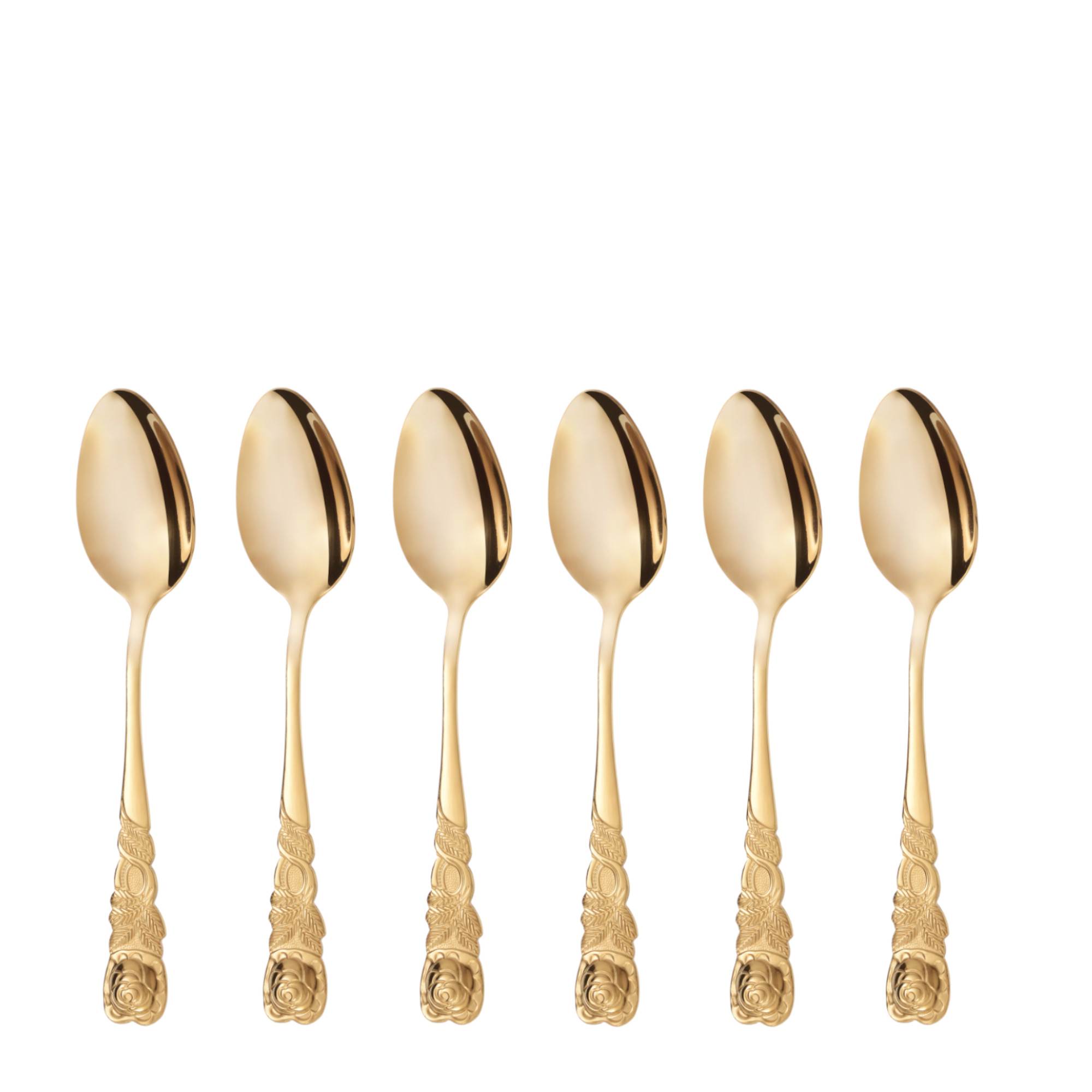 Kaffeelöffel 6 Stück Edelstahl, Serie Rosendekor, goldfarben