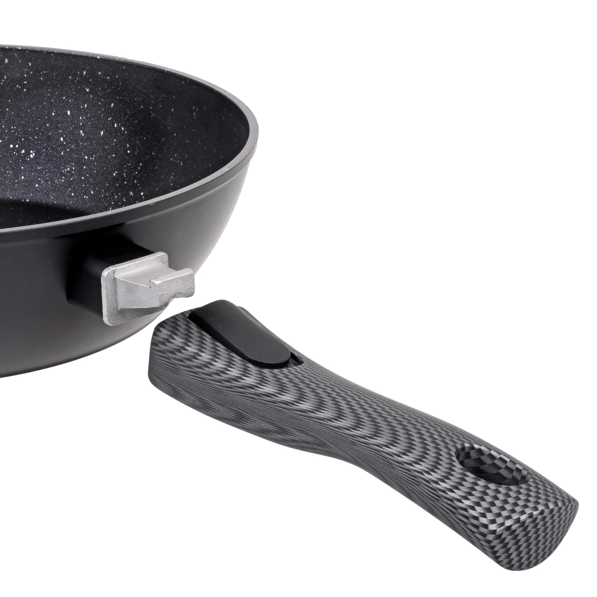 Pfanne Aluminium 28 cm, mit abnehmbarem Griff, Deckel und Wender