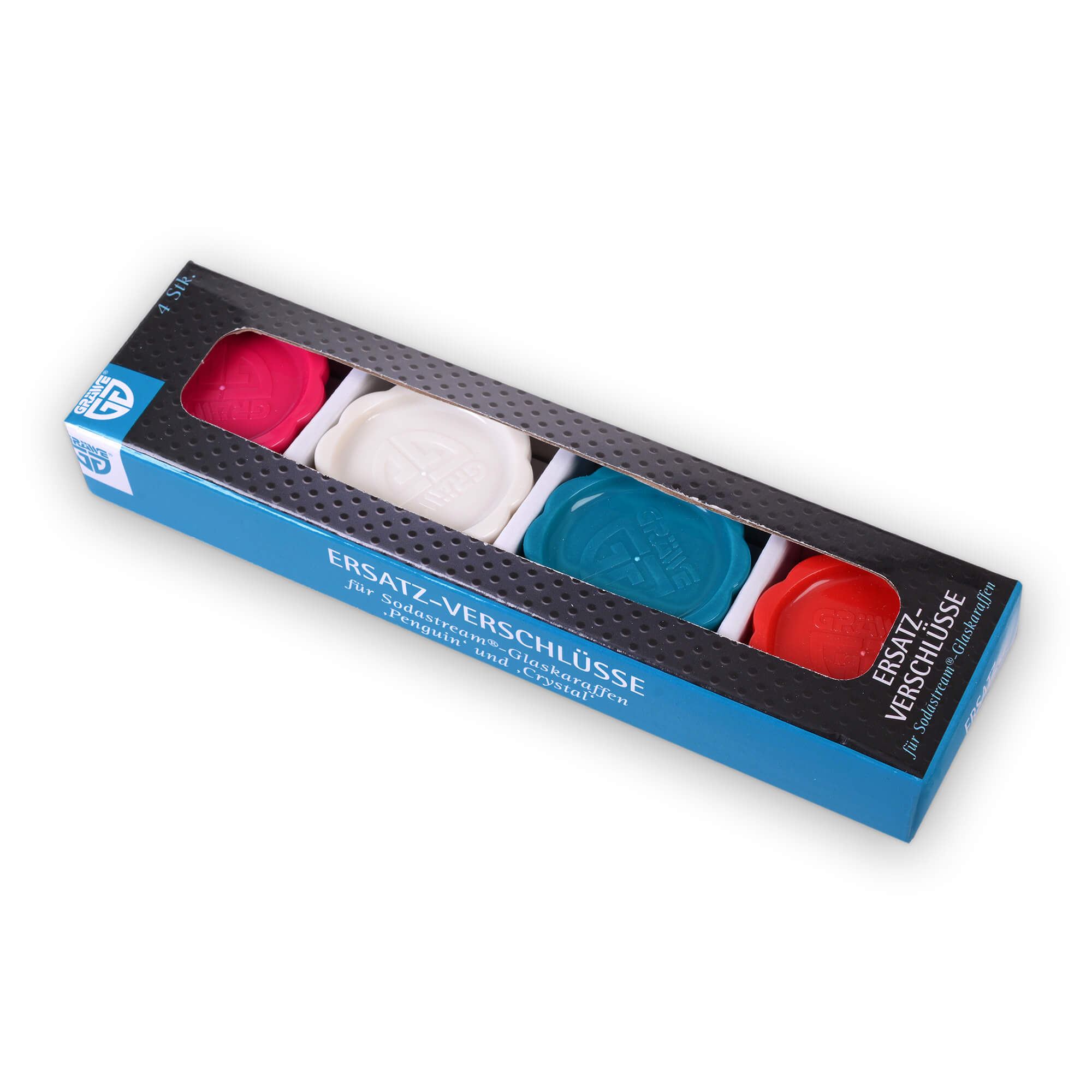 4er Set Deckel für Sodastream Glasflaschen, rot, weiß, pink, türkis