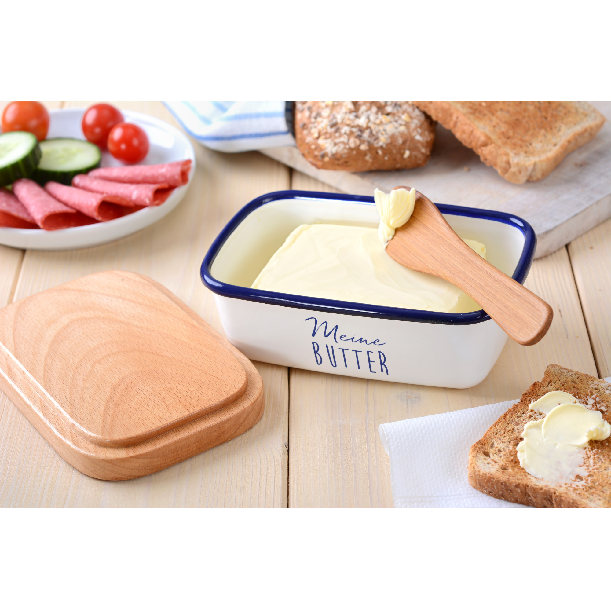 Butterdose emailliert, mit Holzdeckel