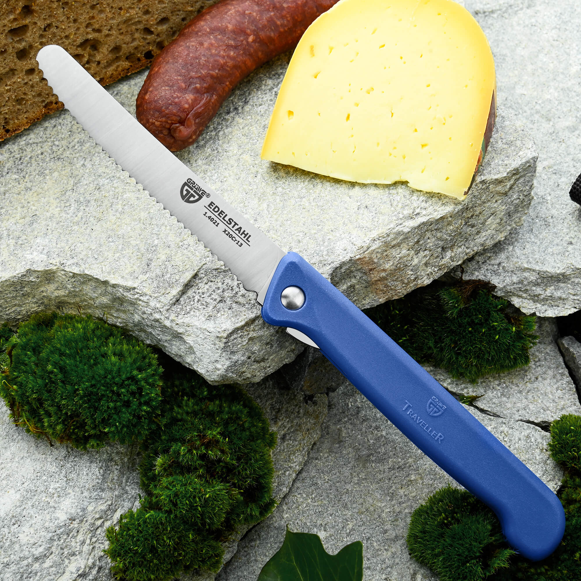 Klappbares Frühstücksmesser, mit Etui, Wellenschliff, Blau