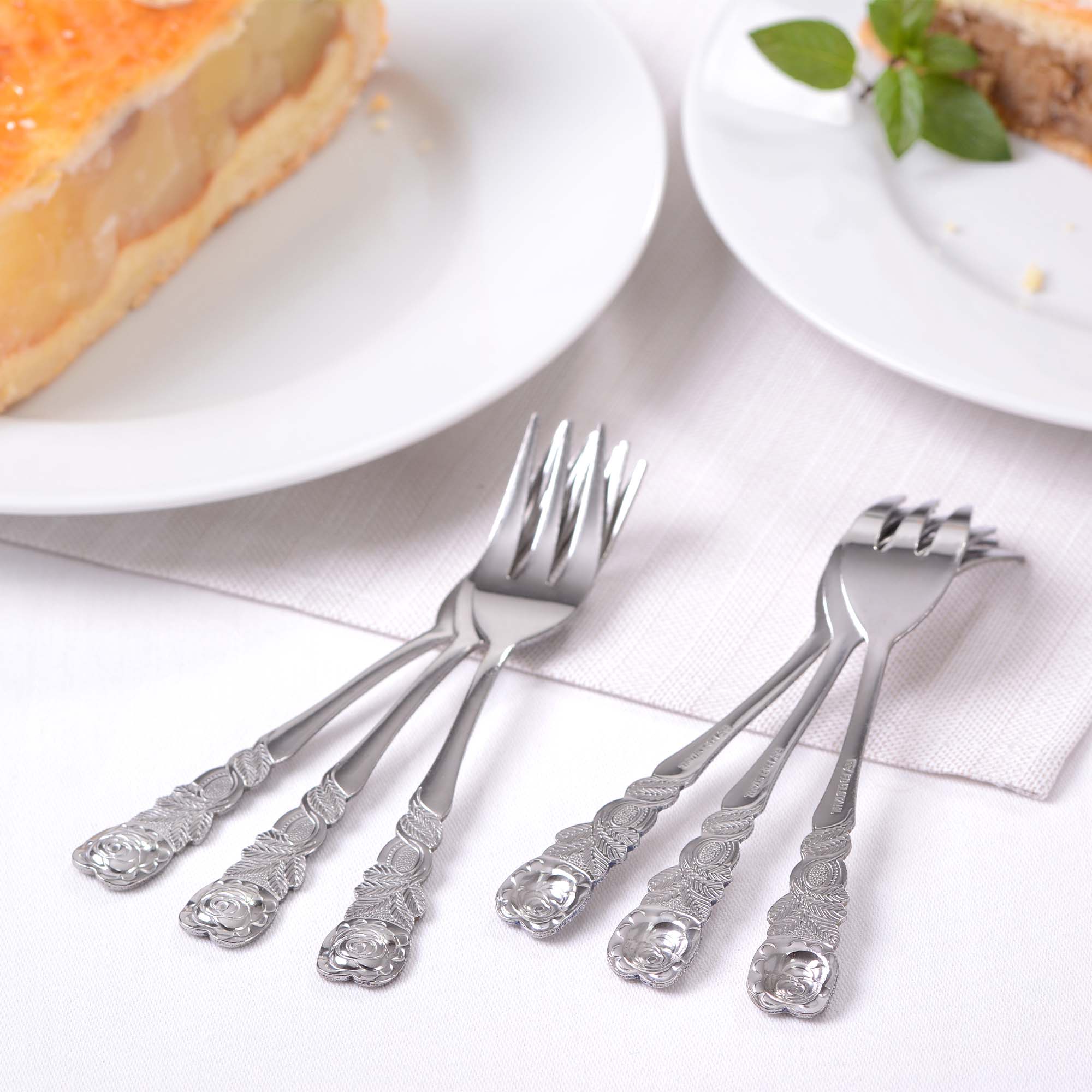 Kuchengabeln 6 Stück, Edelstahl, Serie Rosendekor