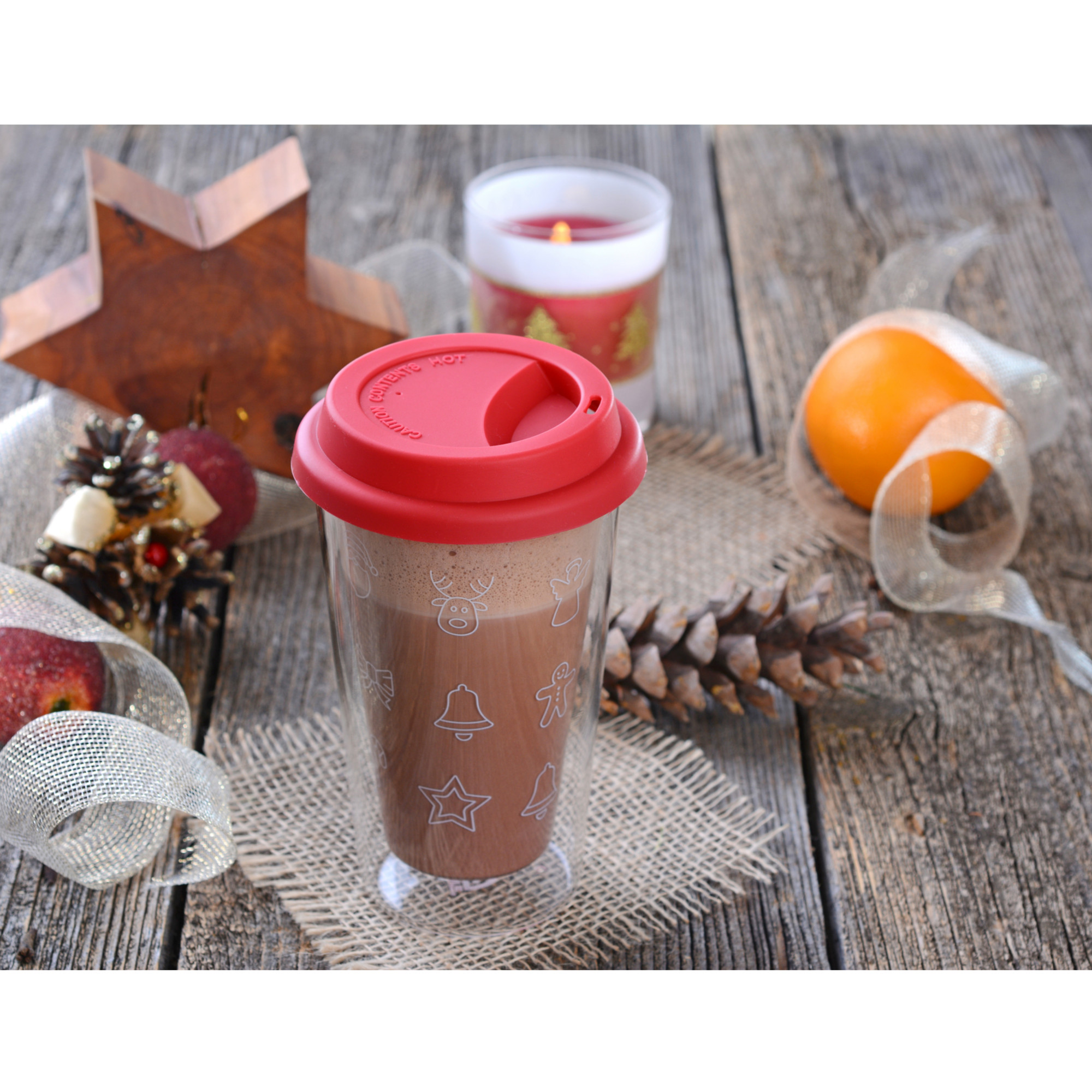 Doppelglas-Becher, 300 ml, 'Weihnachten', mit rotem Deckel