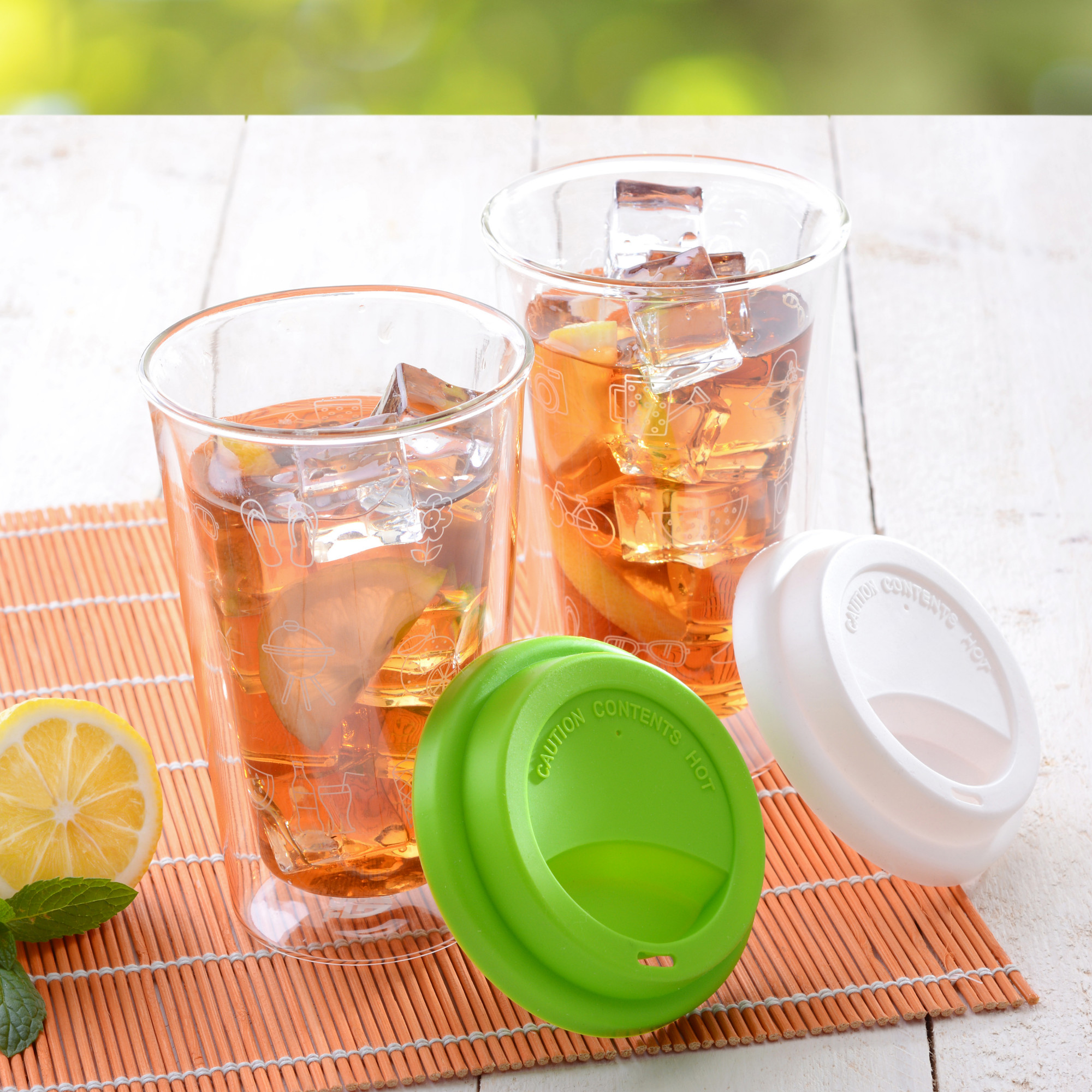 4er Set Doppelglas-Becher, 300 ml, 'Sommer', mit weißem Deckel
