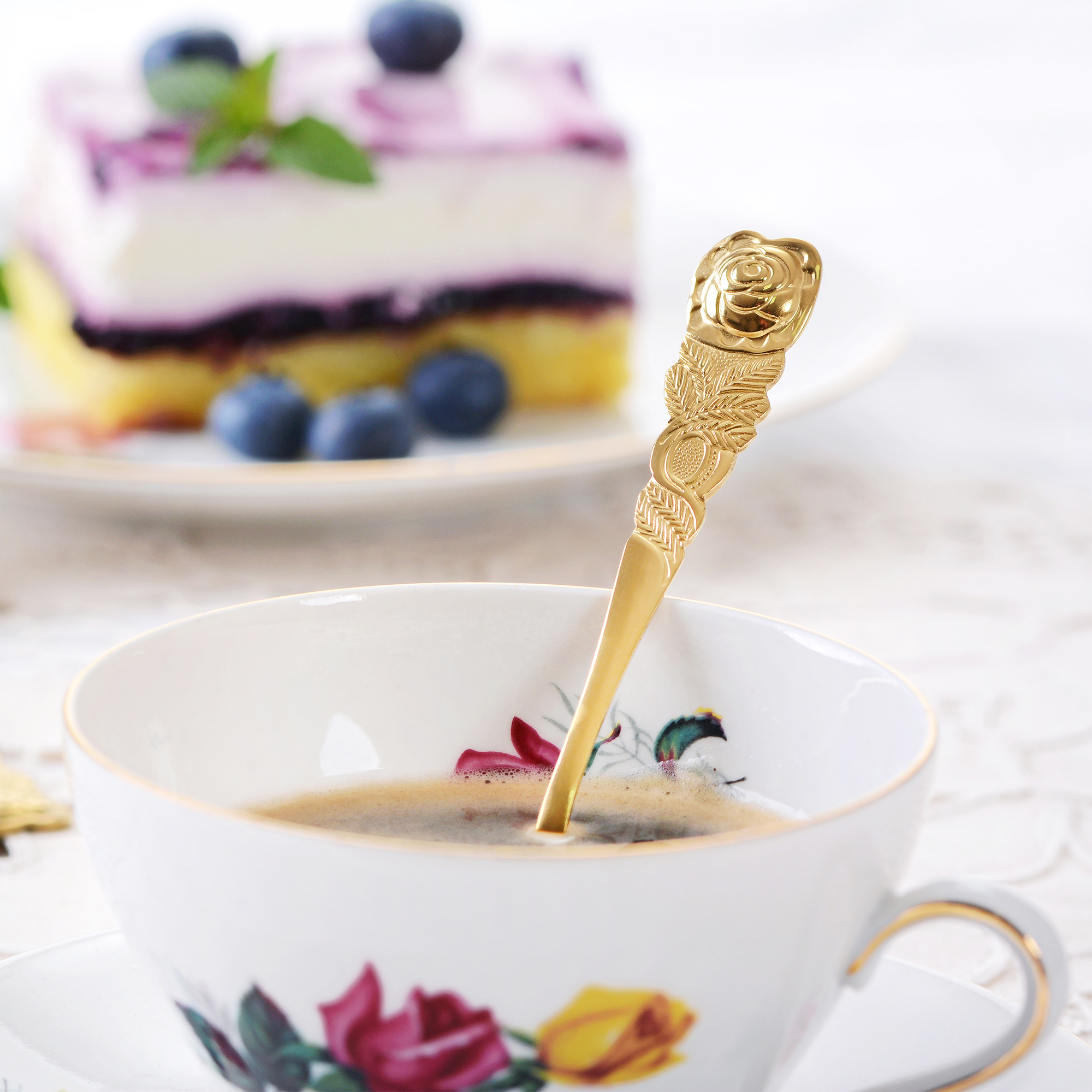 Kaffeelöffel 6 Stück Edelstahl, Serie Rosendekor, goldfarben