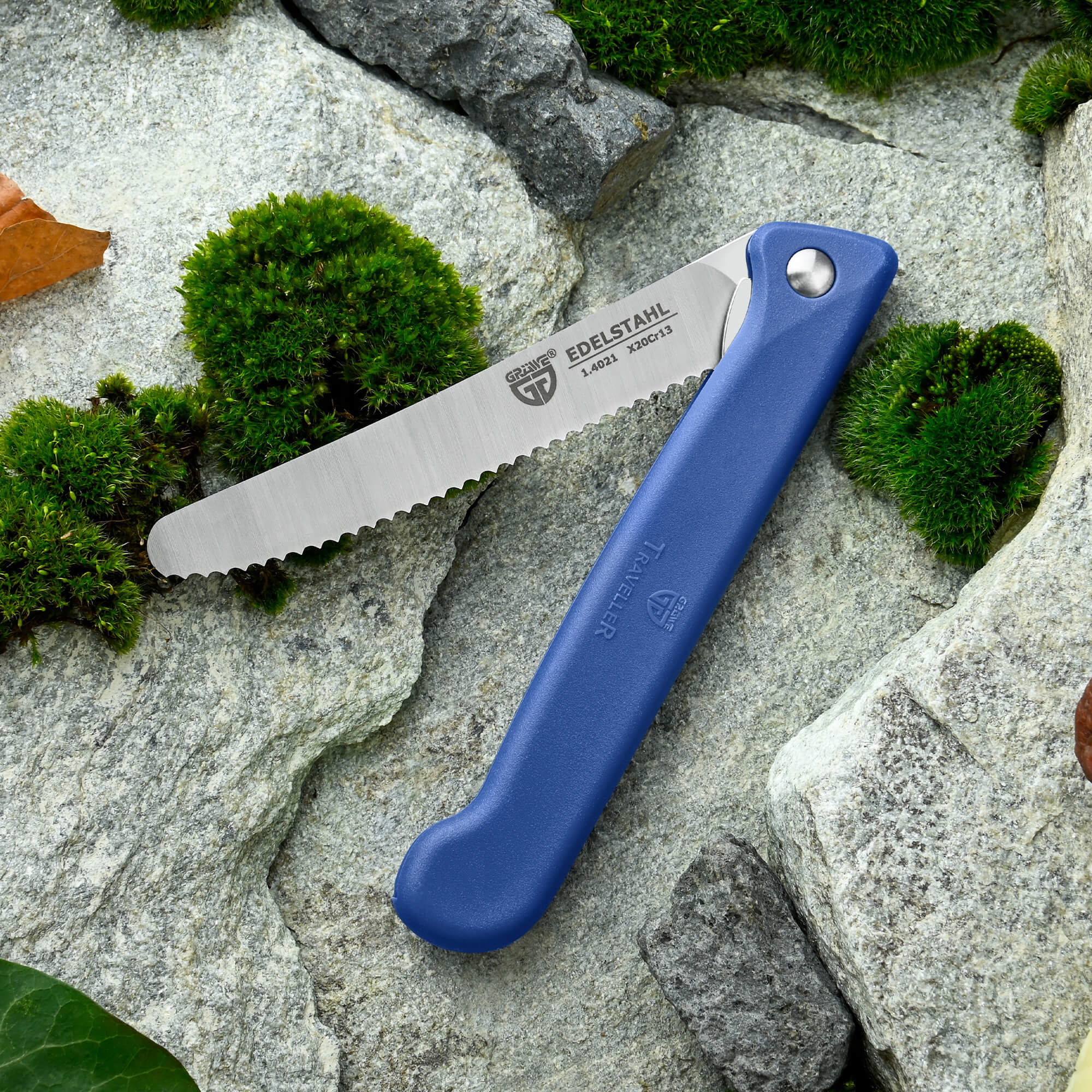 Klappbares Frühstücksmesser, mit Etui, Wellenschliff, Blau