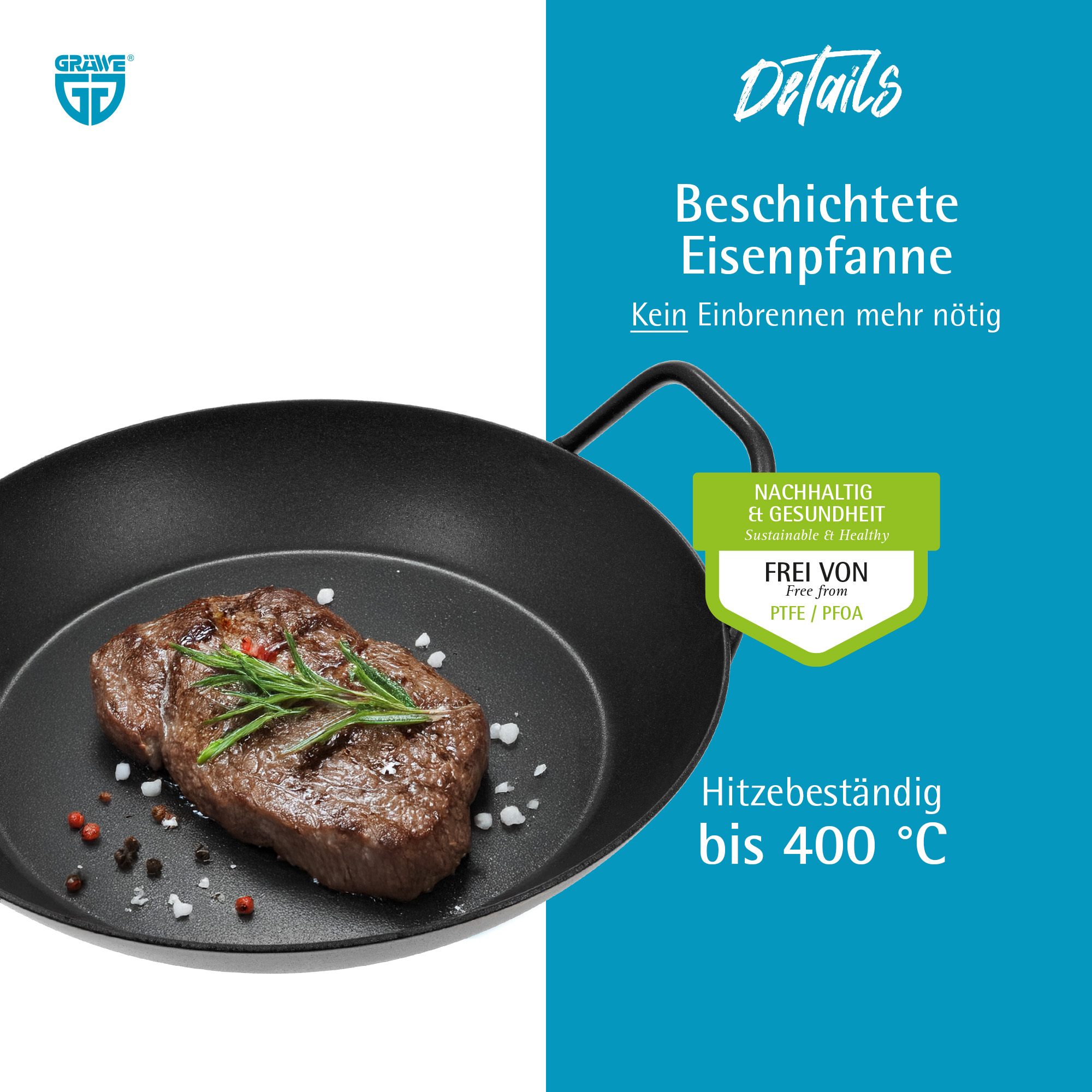 Schmiedeeiserne Servierpfanne 28 cm HOCH mit Keramikbeschichtung ECO PRO