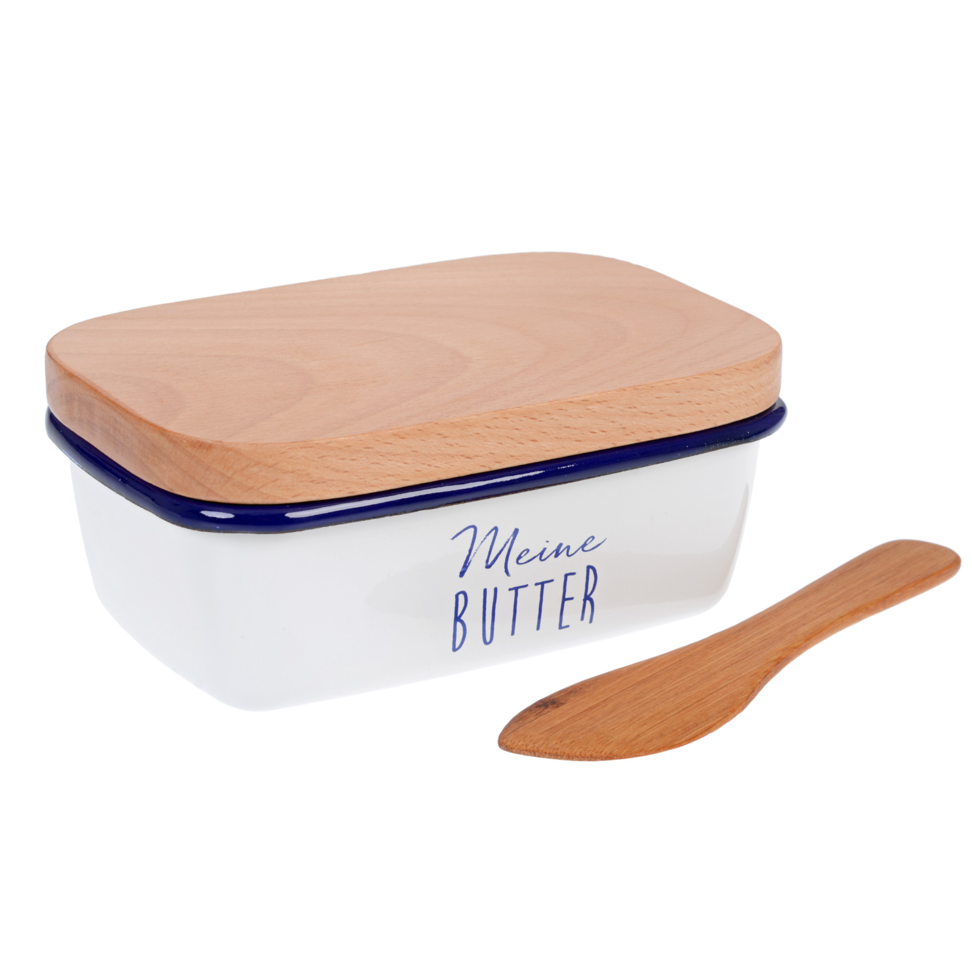 Butterdose emailliert, mit Holzdeckel