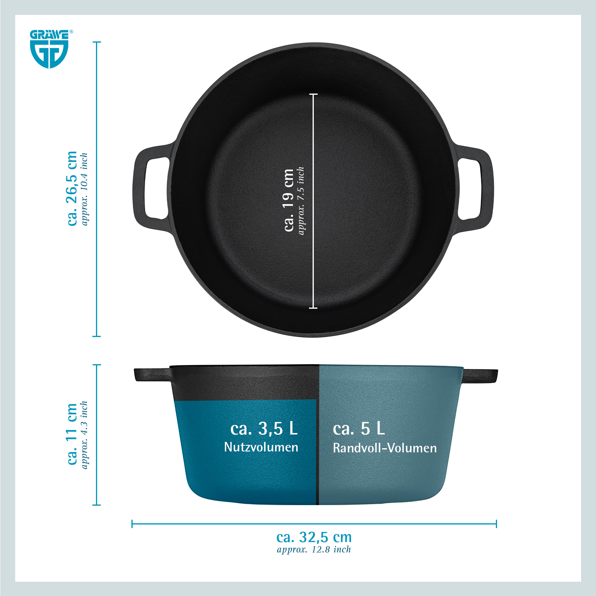 Dutch Oven CI 350, Ø 26 cm, 2-in-1 Brat- und Kochtopf, Gusseisen, 5QT, 4,7 Liter