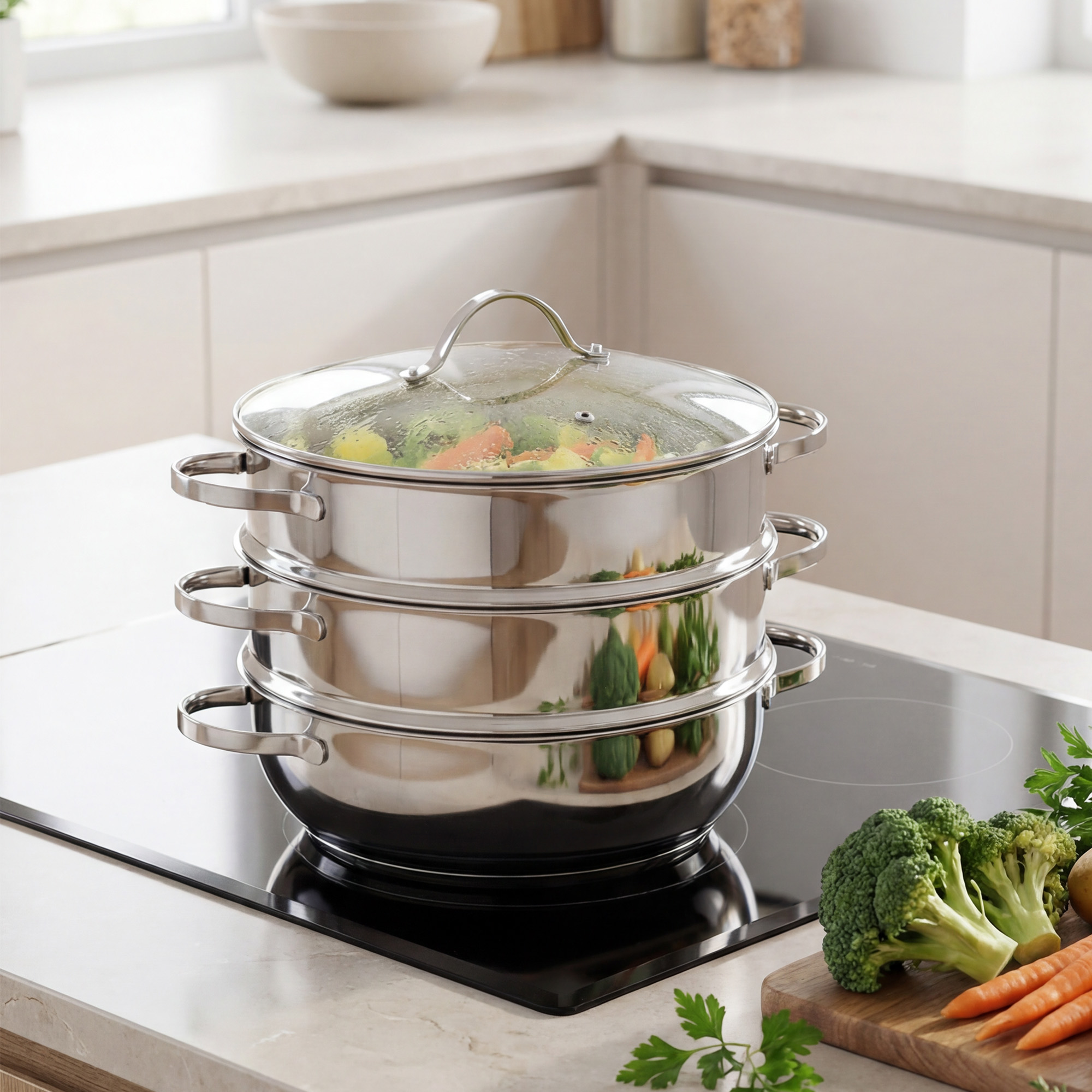GRÄWE Dampfgarer/Servierpfanne 28 cm mit zwei Dampfeinsätzen, Serie Pro-Line
