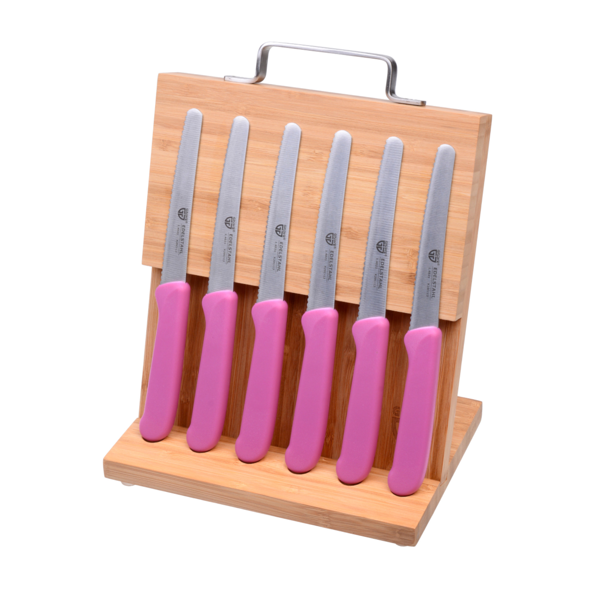 Magnet-Messerhalter Bambus klein mit Brötchenmessern pink
