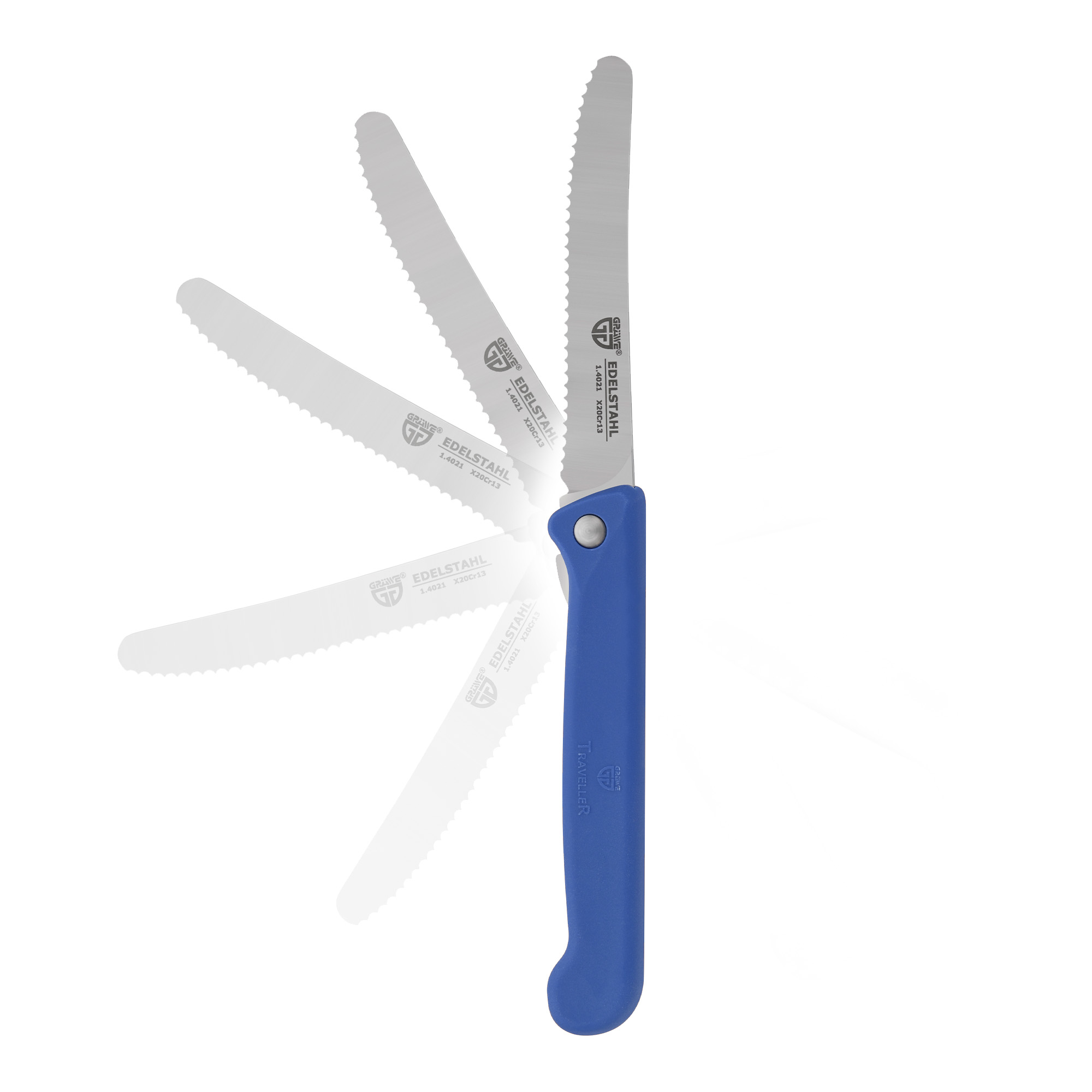 Klappbares Frühstücksmesser, mit Etui, Wellenschliff, Blau