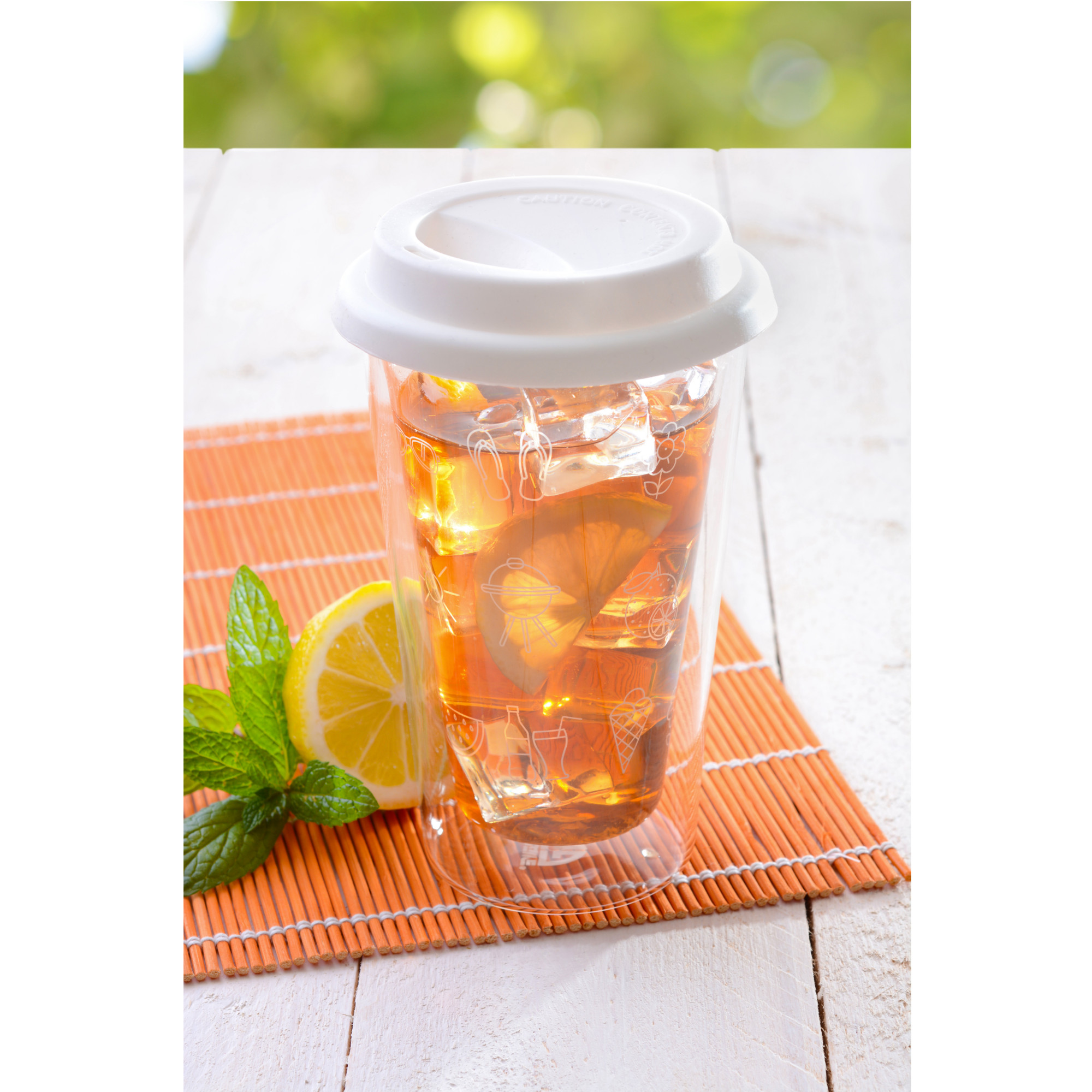 Doppelglas Becher, 300 ml, 'Sommer' mit weißem Deckel