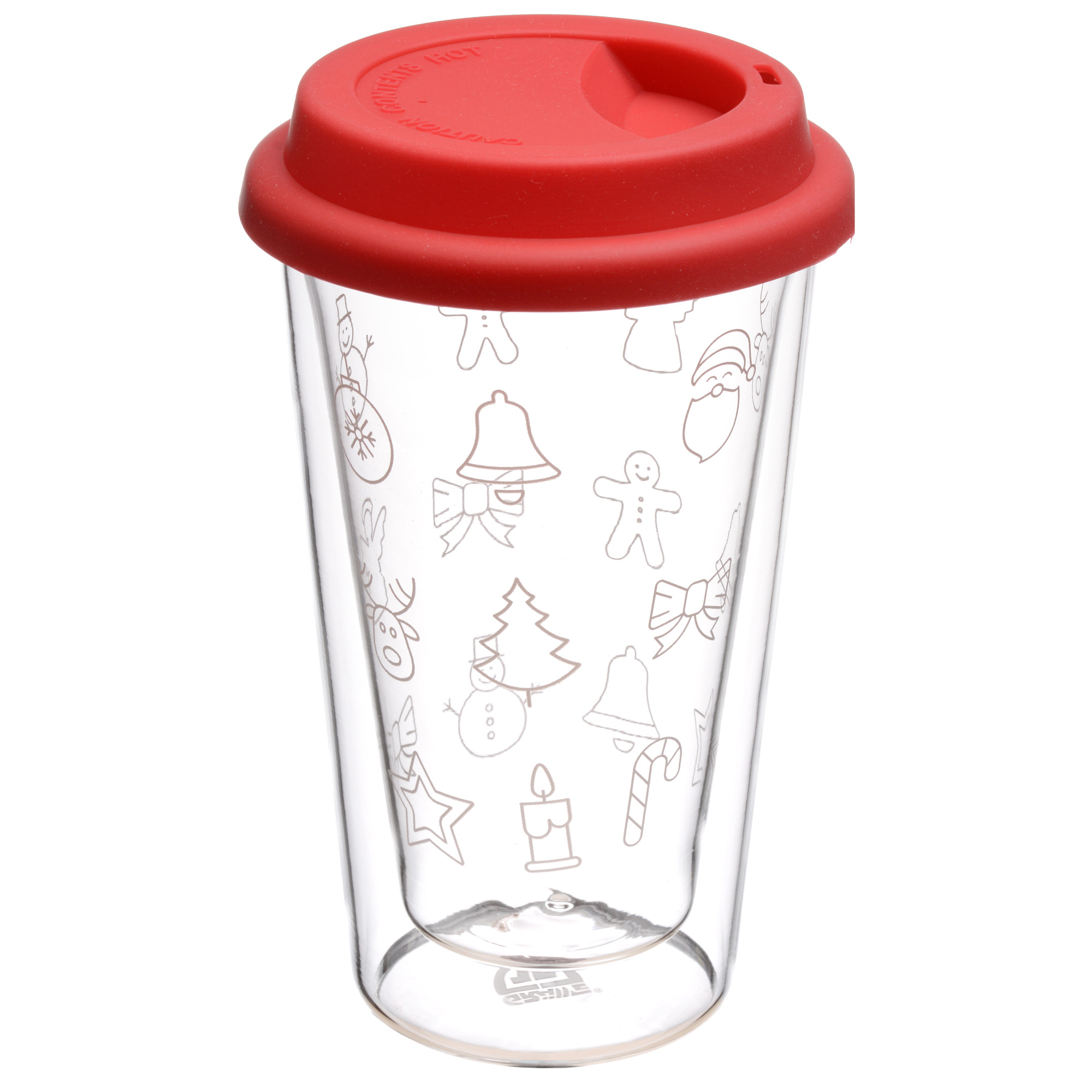 Doppelglas-Becher, 300 ml, 'Weihnachten', mit rotem Deckel