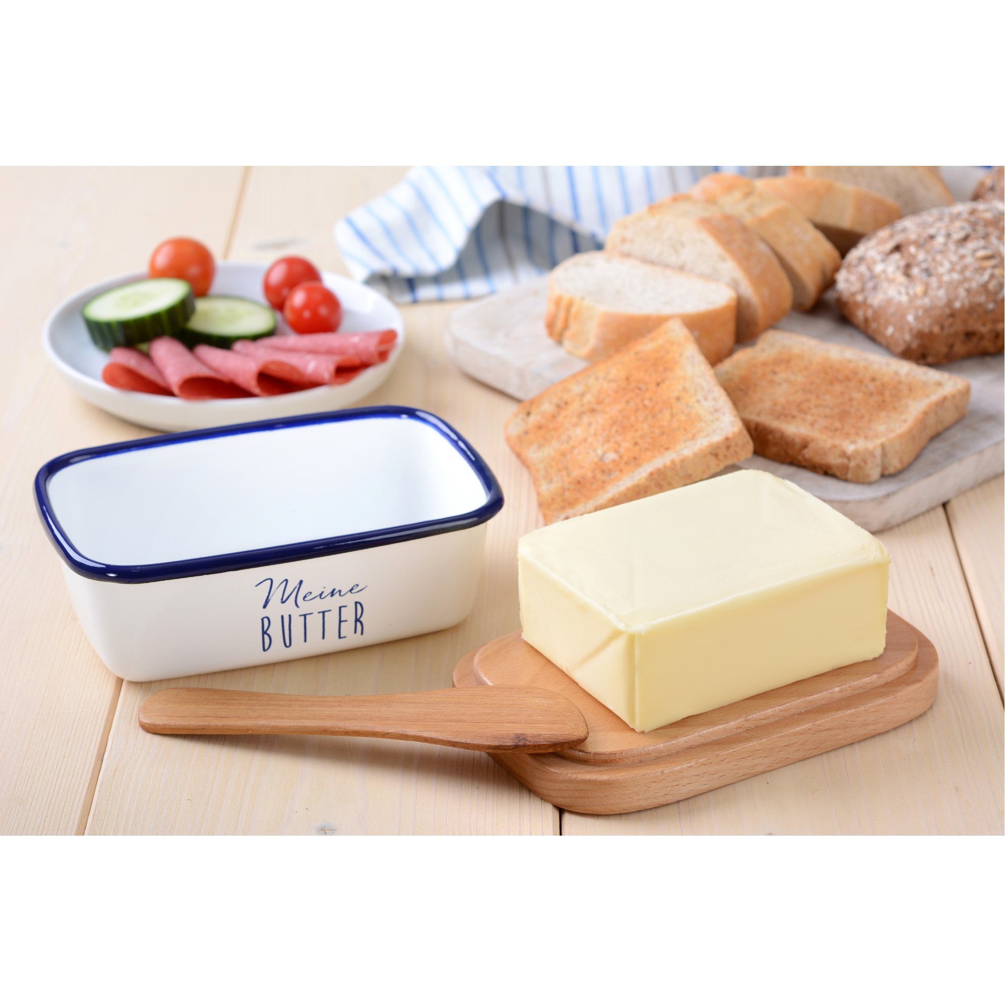 Butterdose emailliert, mit Holzdeckel