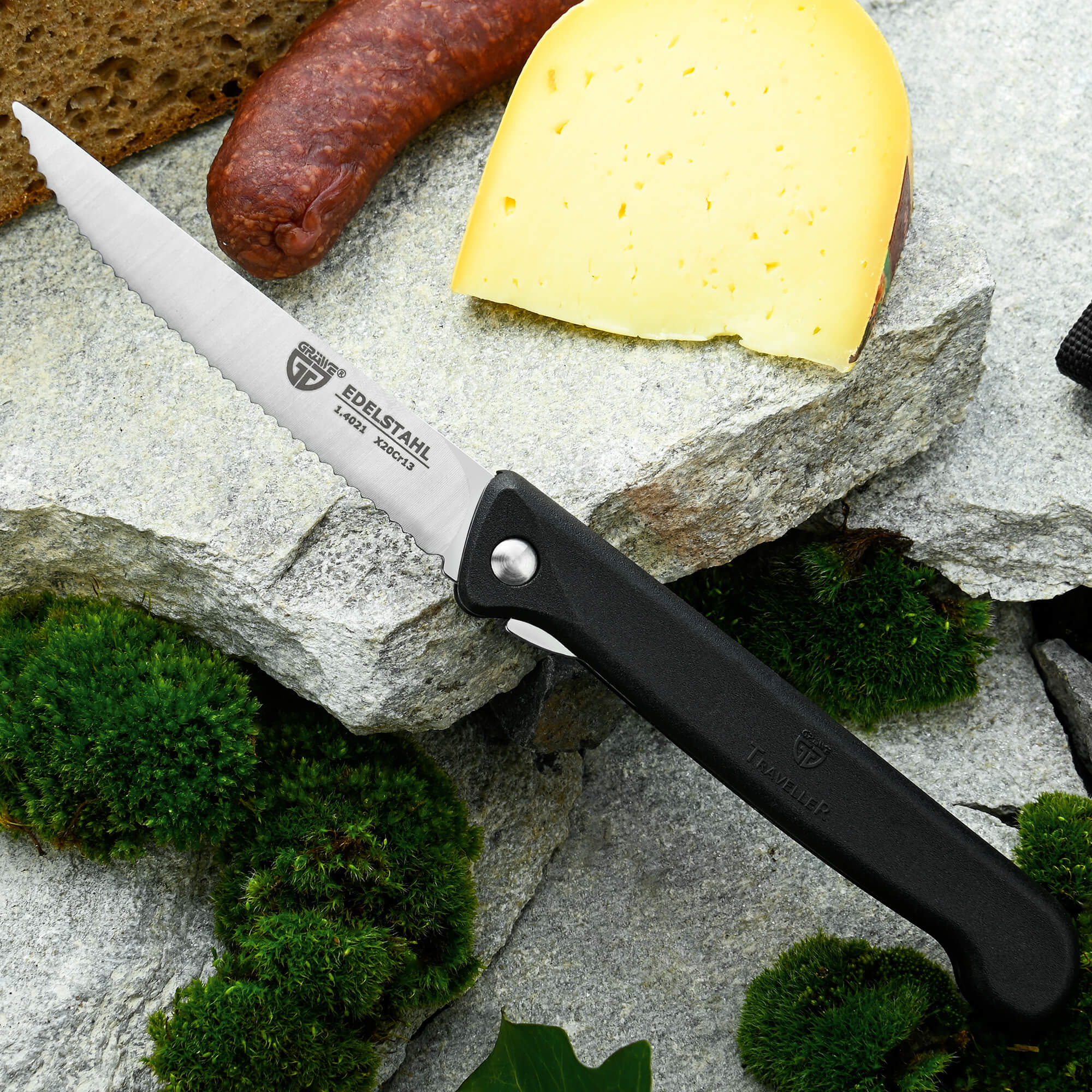 Klappmesser mit Steakklinge, schwarz, mit Etui