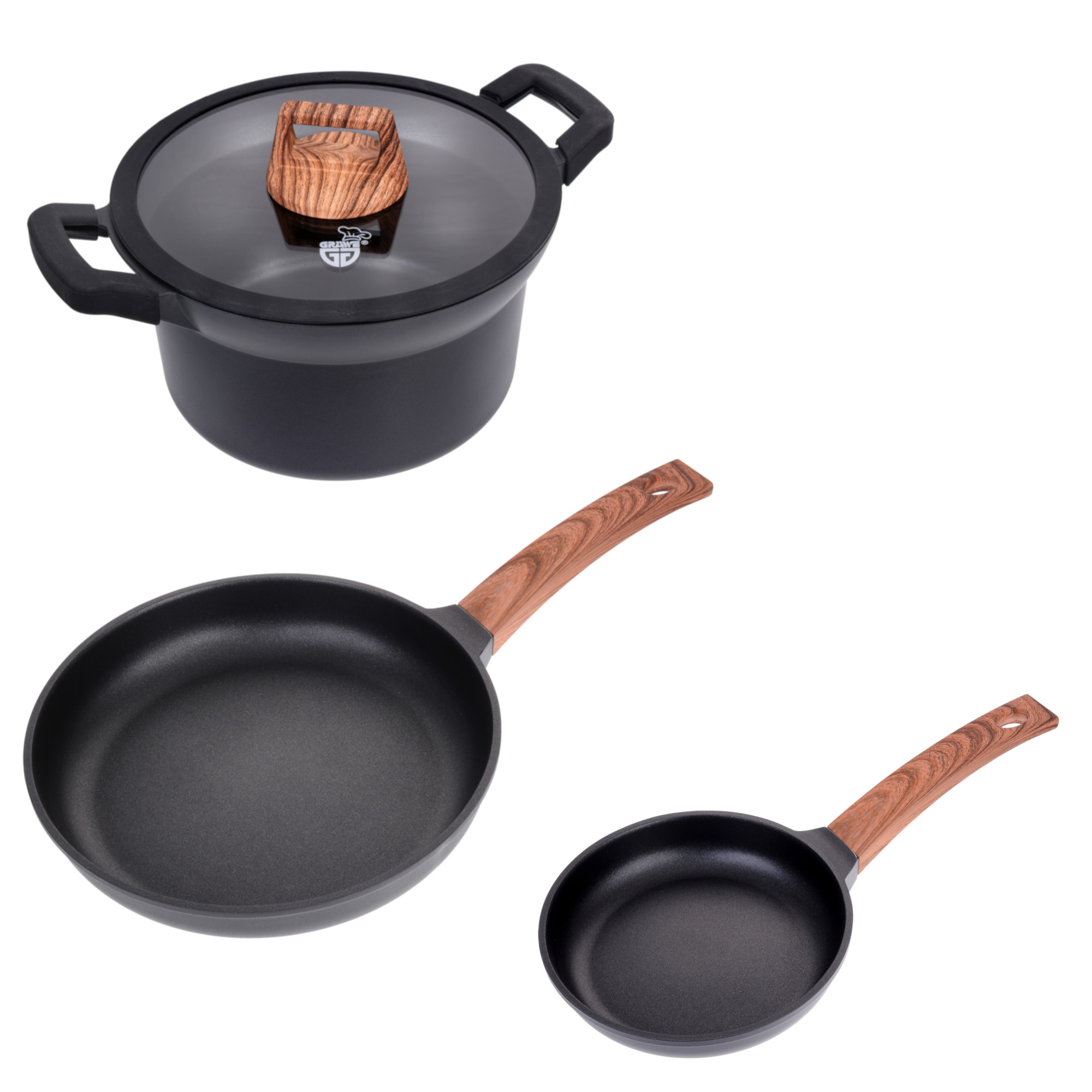 Serie Alu-Line, 3-teiliges Set, Pfannen 20 cm und 28 cm, Kochtopf 24 cm, Aluguss