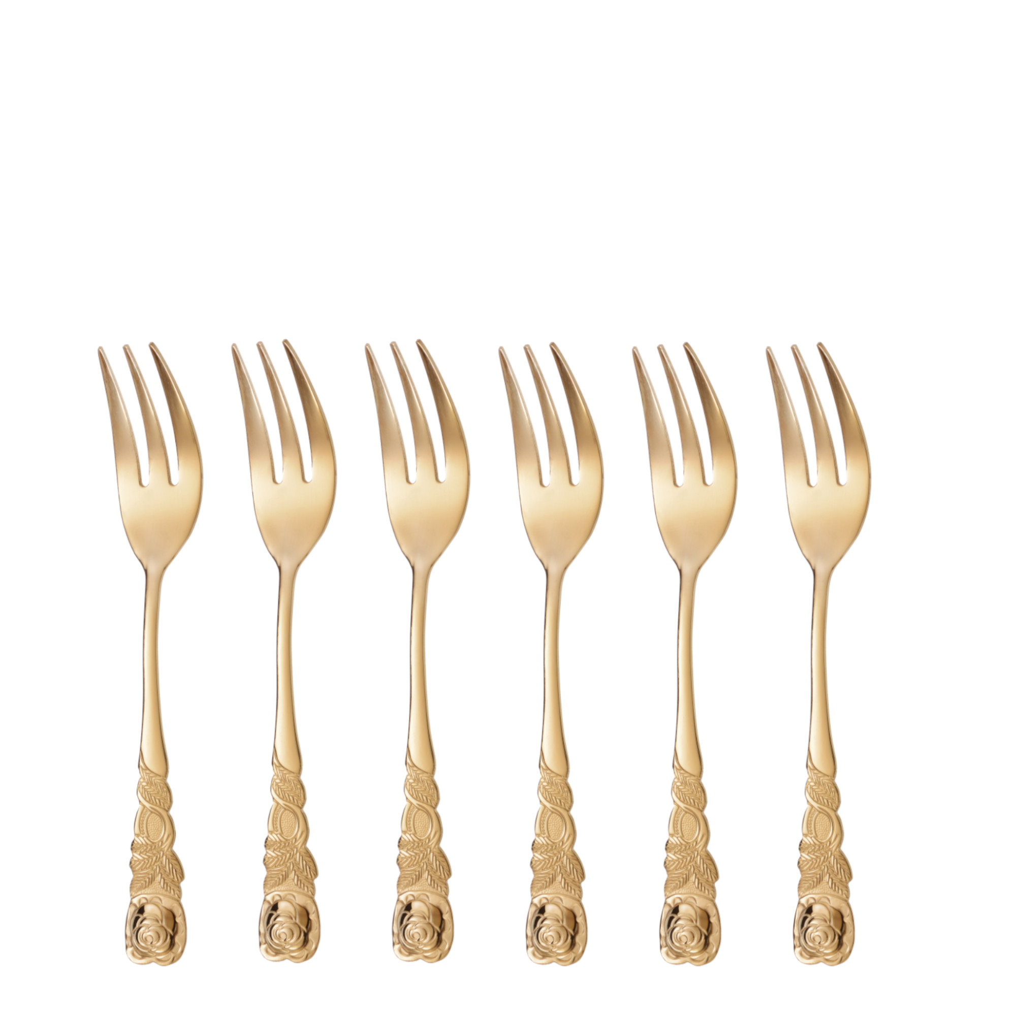 Kuchengabel 6 Stück Edelstahl, Serie Rosendekor, goldfarben