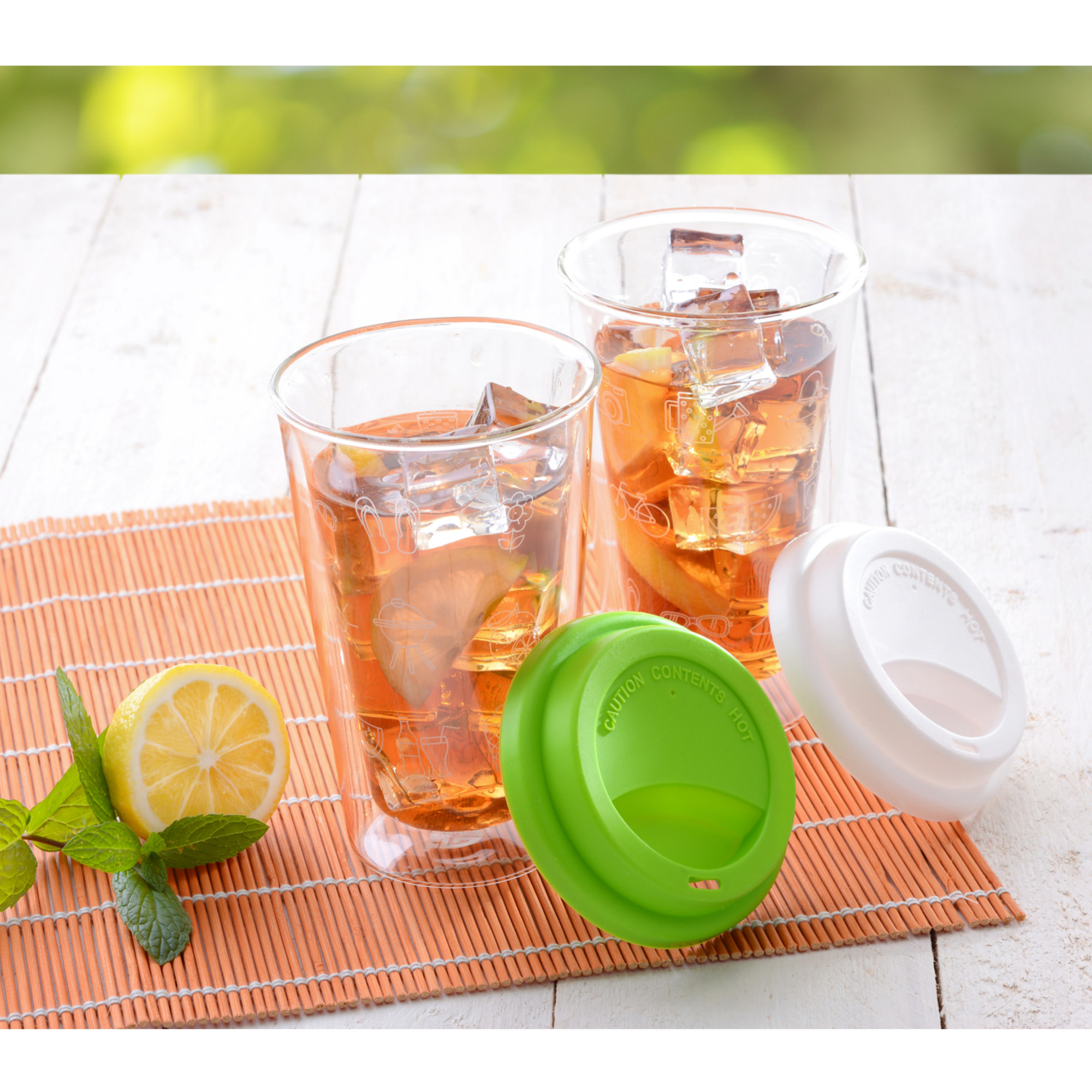Doppelglas Becher, 300 ml, 'Sommer' mit weißem Deckel